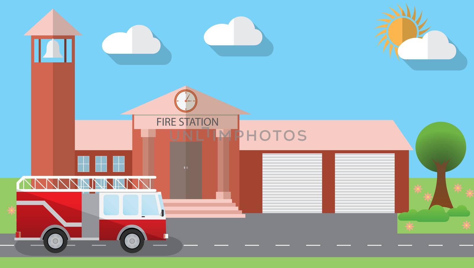 Flat design vector illustration of fire station building and parked fire truck in flat design style, vector illustration by Lemon_workshop