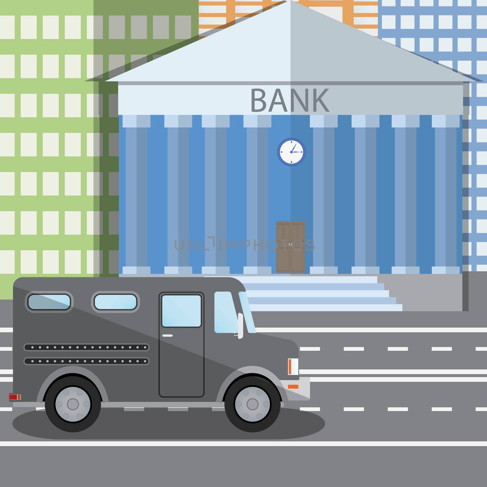 Flat design vector illustration of bank building and parked bulletproof armored truck in flat design style, vector illustration by Lemon_workshop