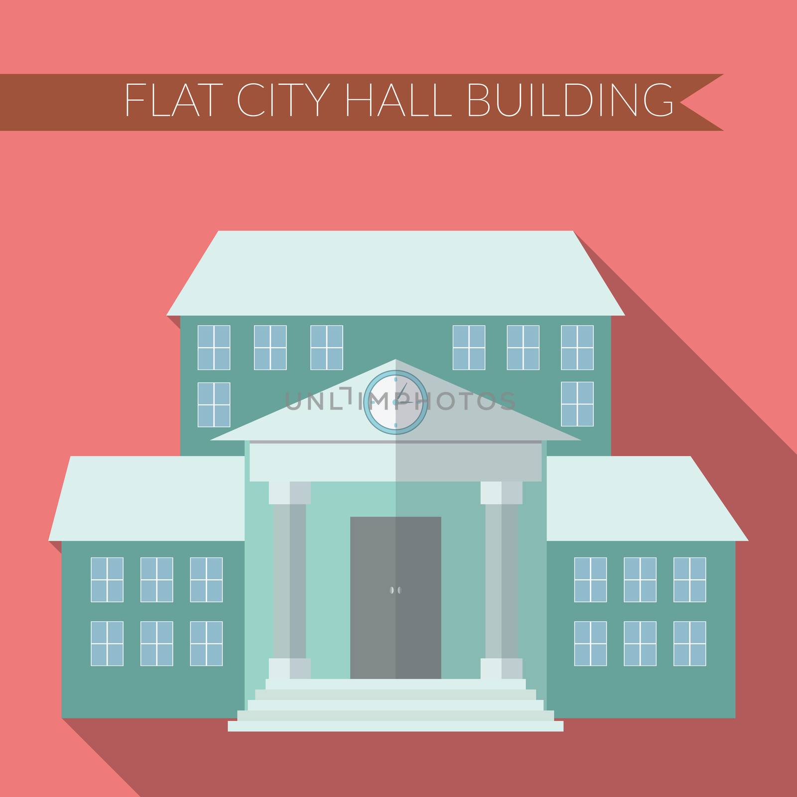 Flat design modern vector illustration of city hall building icon, with long shadow on color background.