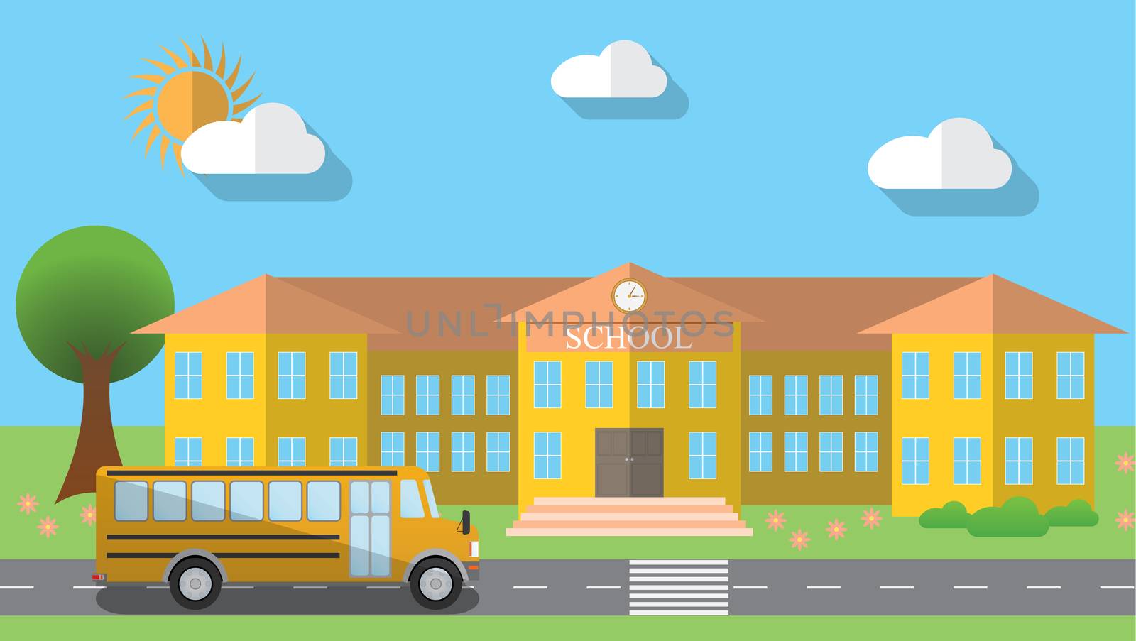 Flat design vector illustration of school building and parked school bus in flat design style, vector illustration.