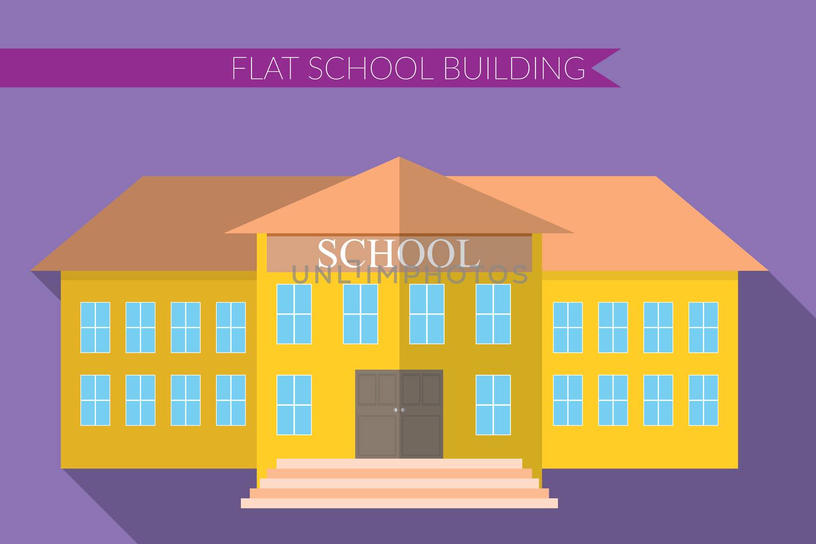 Flat design modern vector illustration of school building icon set, with long shadow on color background.
