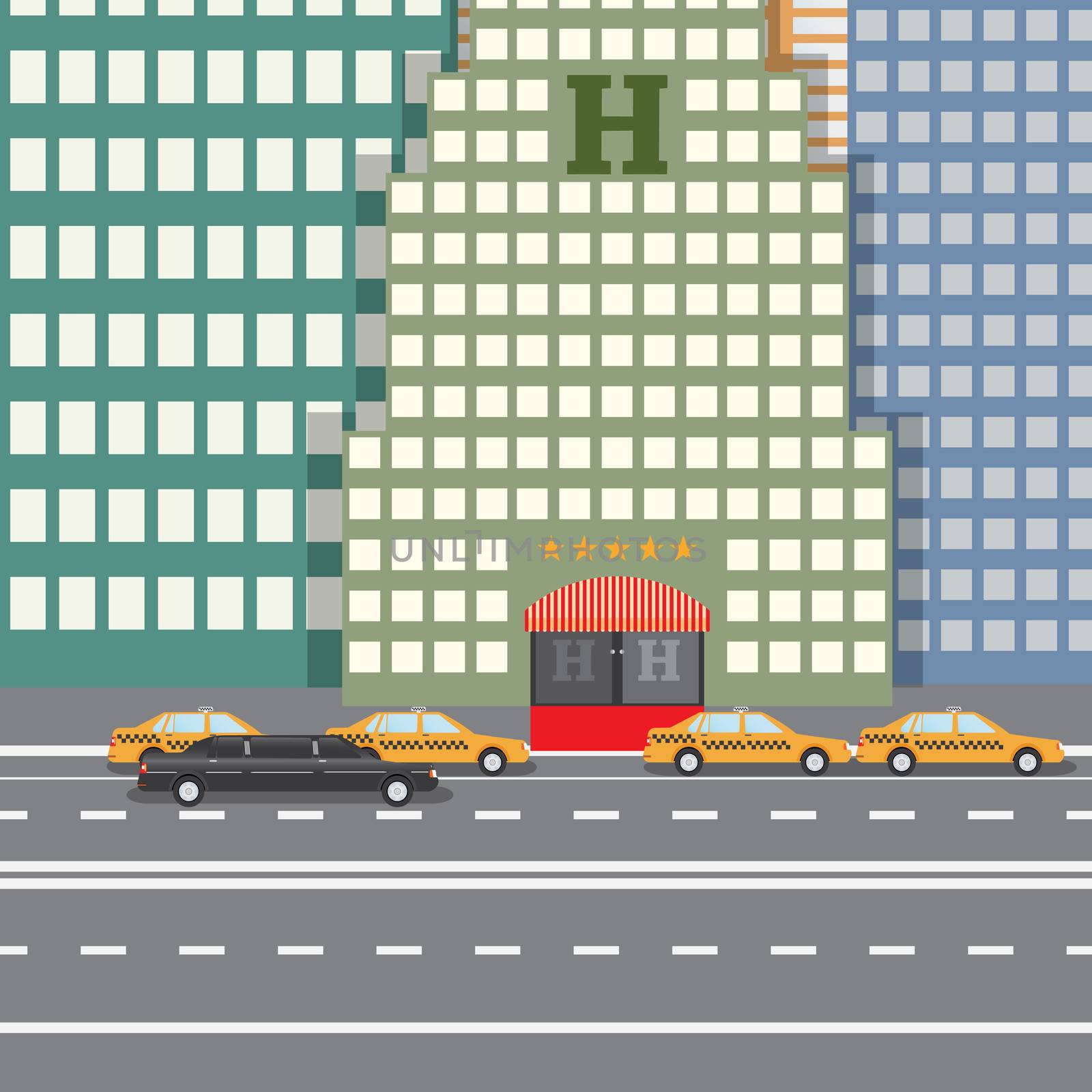 Flat design vector illustration concept for City Hotel and parked taxi and limousine, sityskape by Lemon_workshop