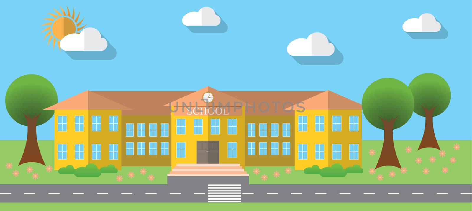 Flat design vector illustration of school building in flat design style, vector illustration.