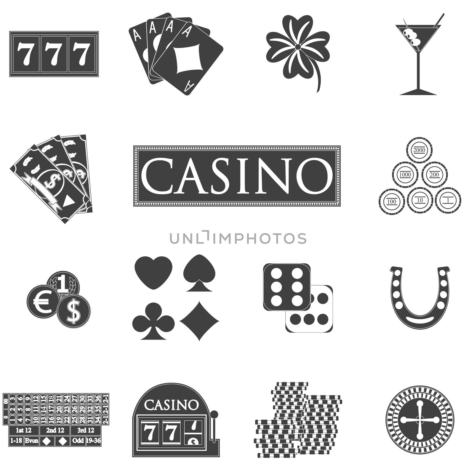 Casino and gambling icons set with slot machine and roulette, chips, poker cards, money, dice, coins, horseshoe flat design vector illustration  by Lemon_workshop