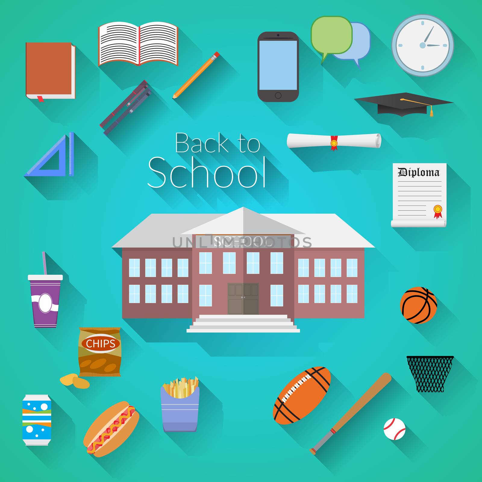 Back to School Flat design modern vector illustration, school building, pen, pensil, food, sport items, diploma and graduation cap icons with long shadow