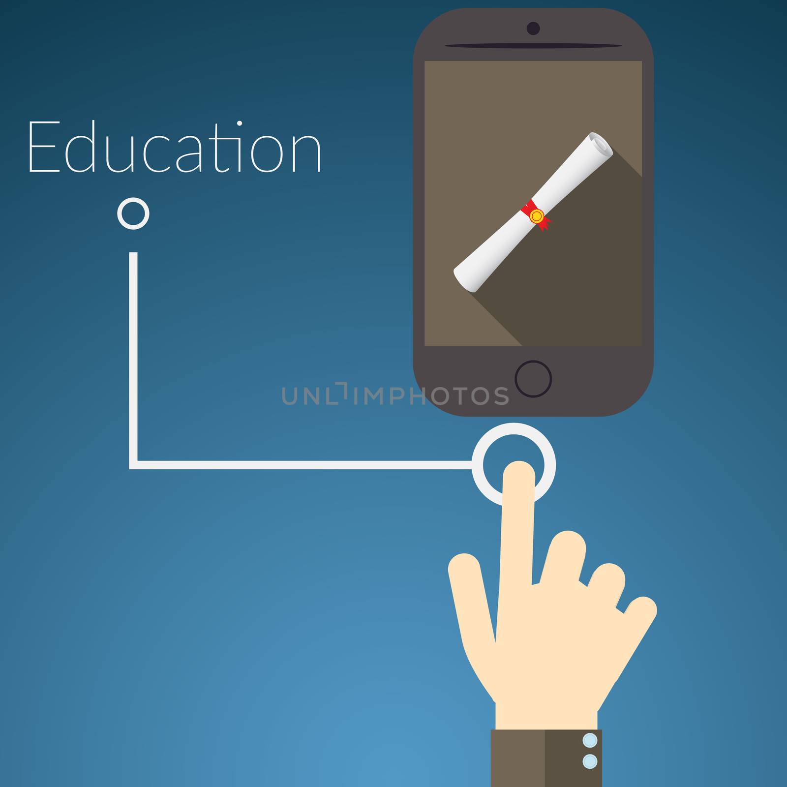 Flat design vector illustration concept for online services. Concepts for hand touching smart phones with diploma scroll, text education. by Lemon_workshop