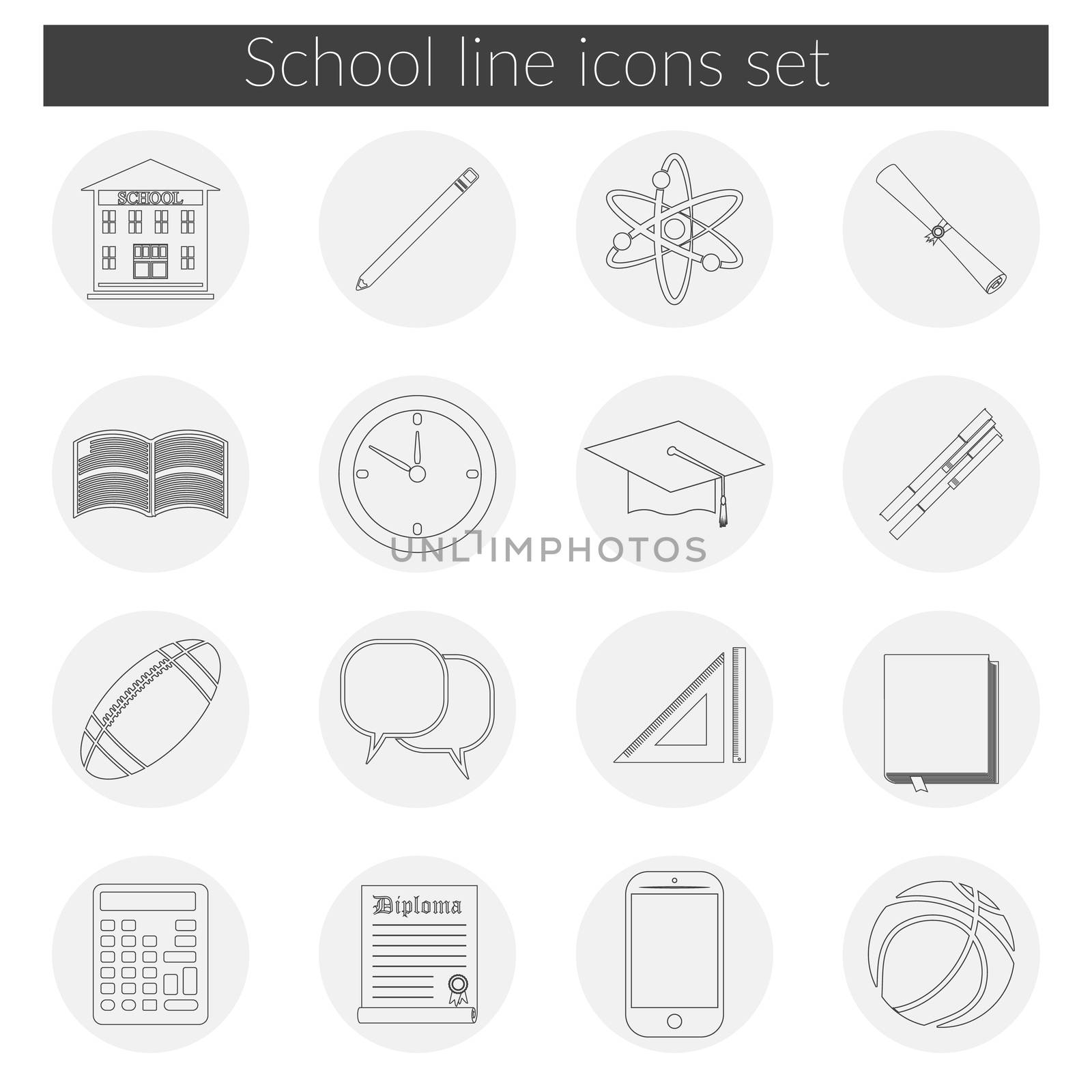 Back to School icon vector set, school building, pen, pensil, sport items, diploma and graduation cap icons, isolated silhouets