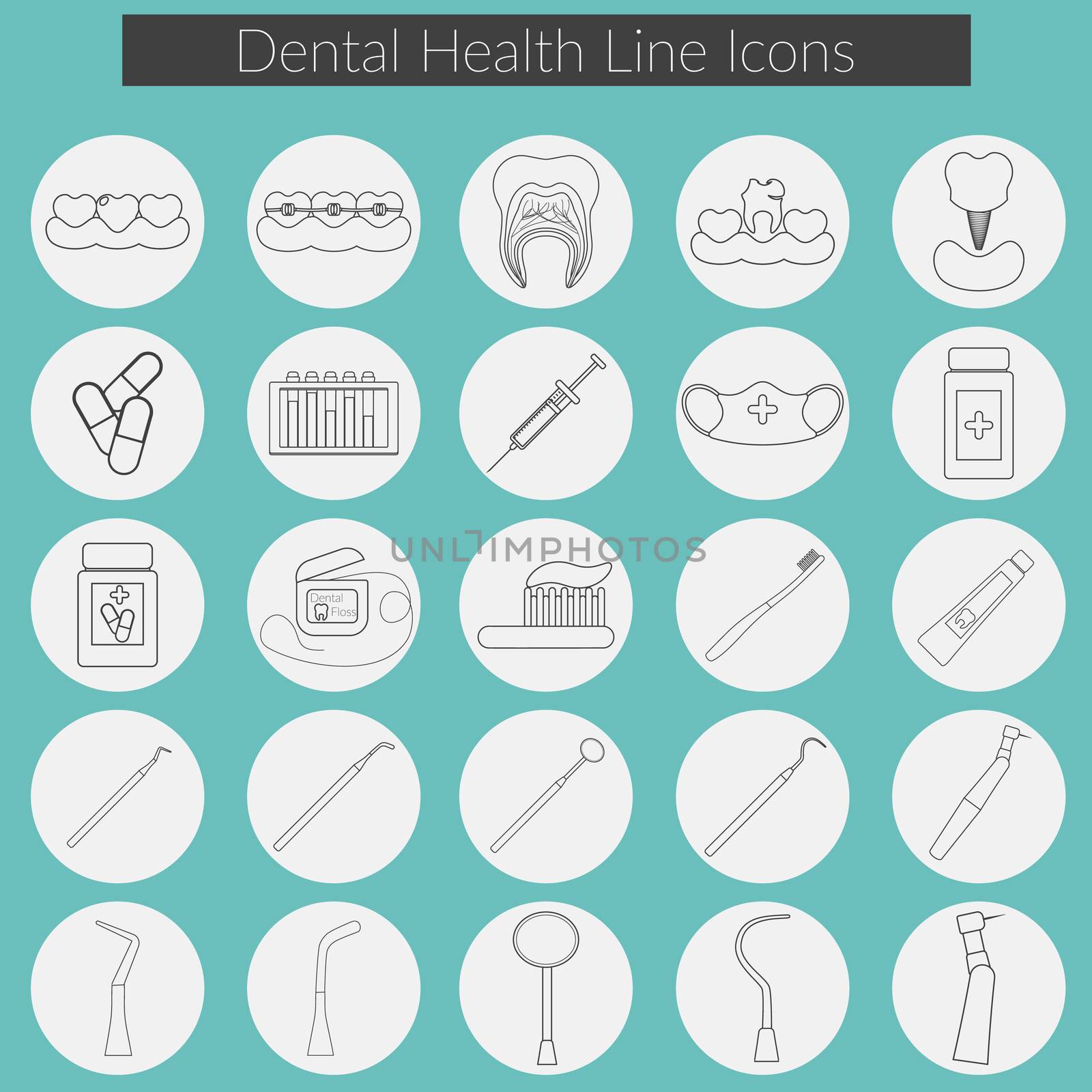 Dental care line icons Vector set with Dental floss, teeth, mouth, tooth paste and brush, medicine, syringe and dentist instruments. by Lemon_workshop