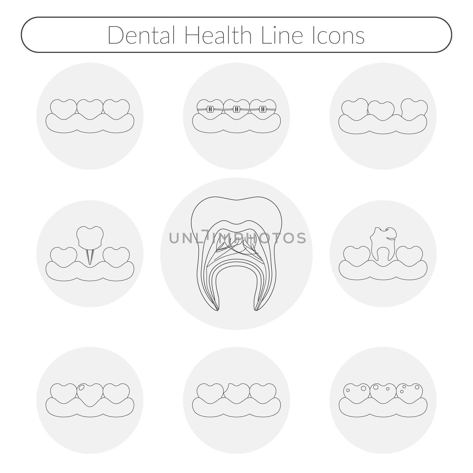 Dental care vector line icons of heathy theeth, caries, braces system, implantation, and other dental health icons set.