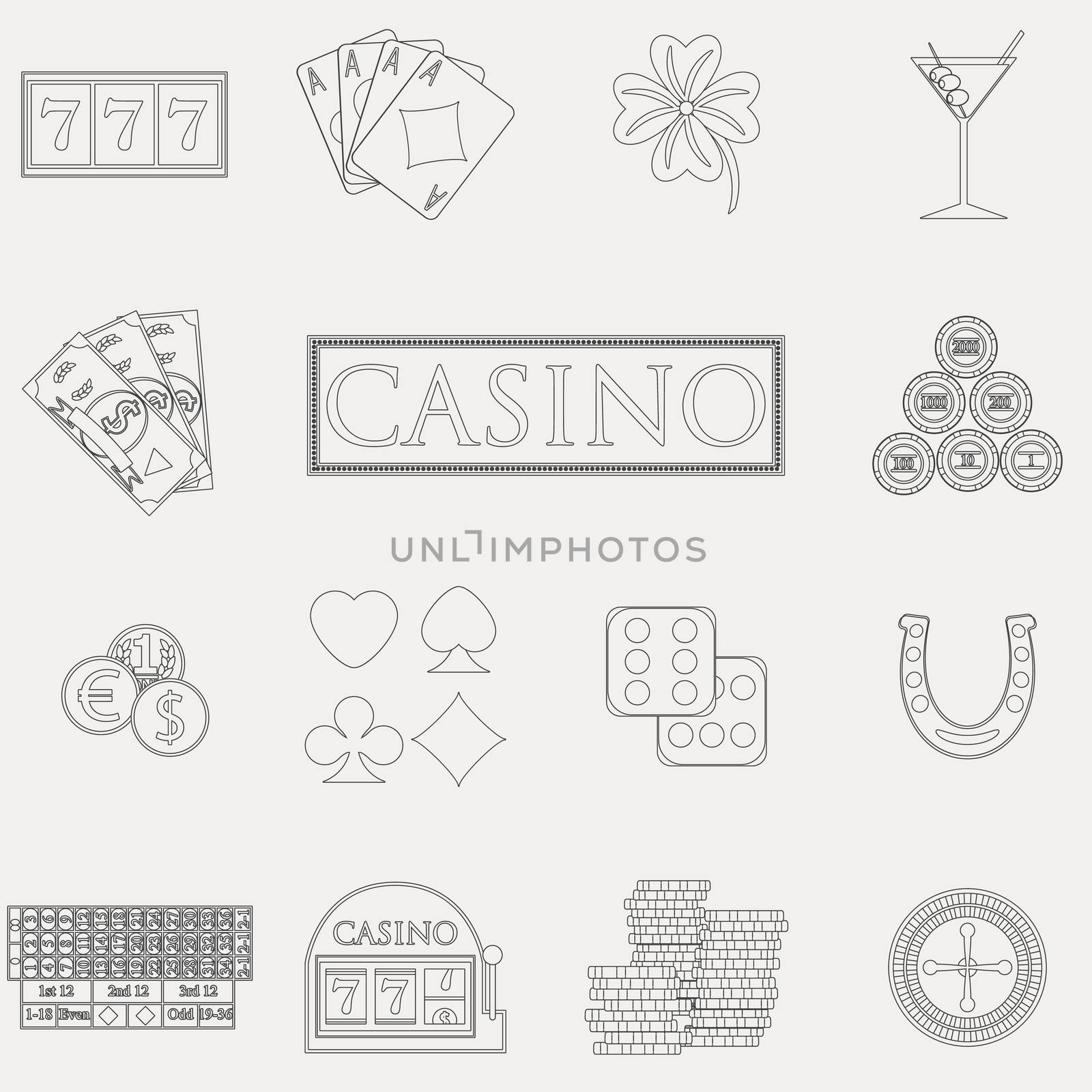 Casino and gambling line icons set with slot machine and roulette, chips, poker cards, money, dice, coins, horseshoe flat design vector illustration 