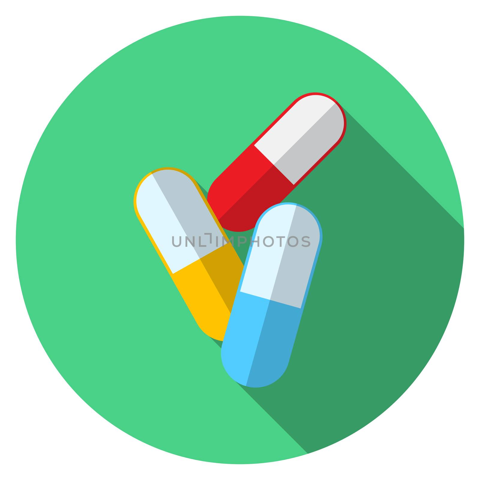 Flat design modern vector illustration of medical pills icon with long shadow, isolated.