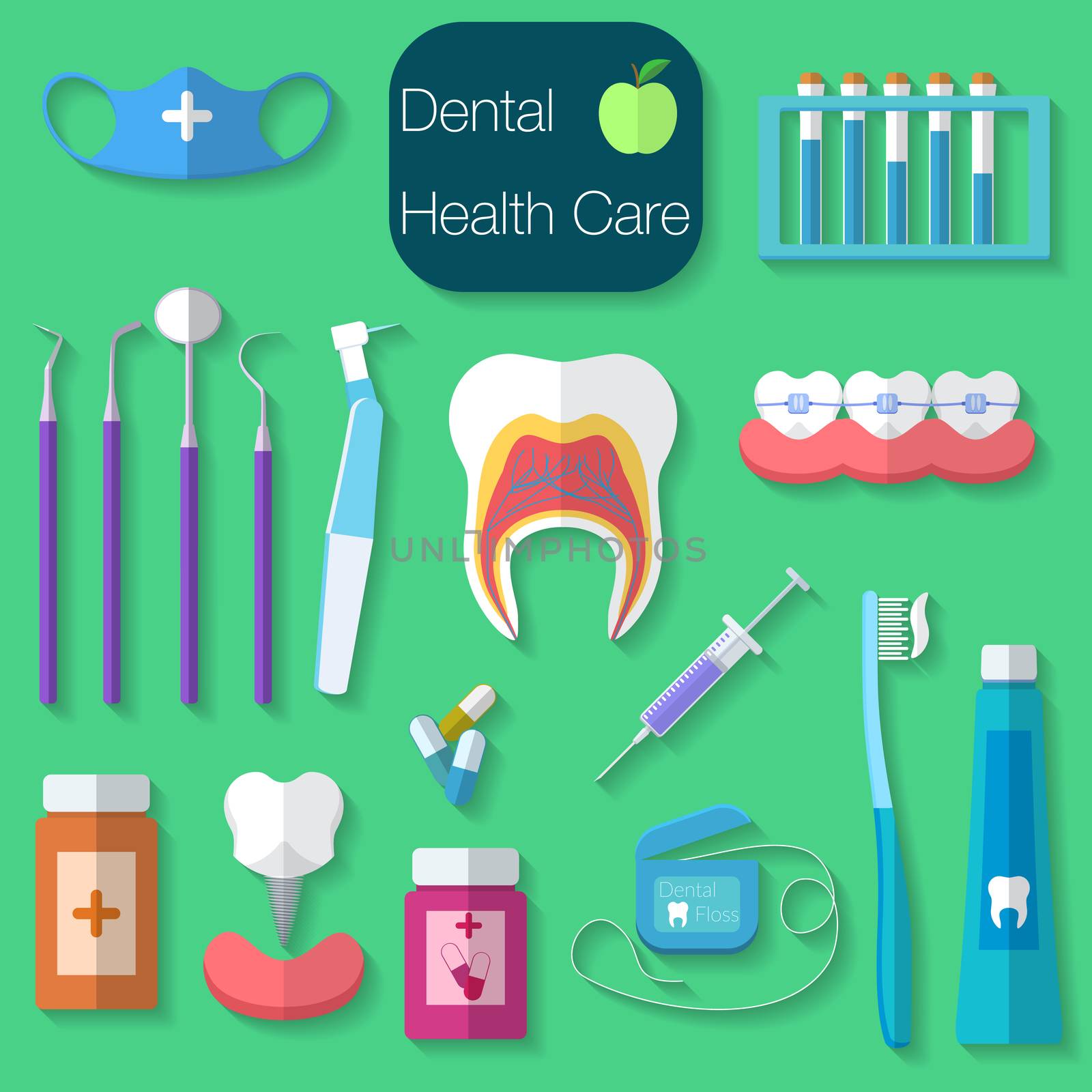 Dental care flat design Vector illustration with Dental floss, teeth, mouth, tooth paste and brush, medicine, syringe and dentist instruments.