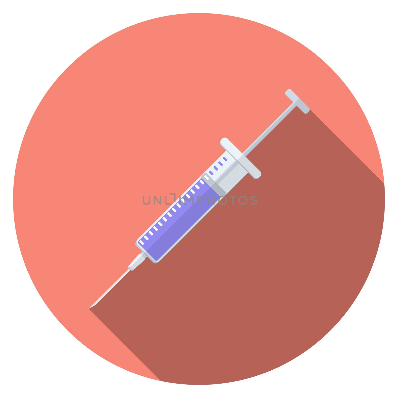 Flat design modern vector illustration of medical syringe icon with long shadow, isolated