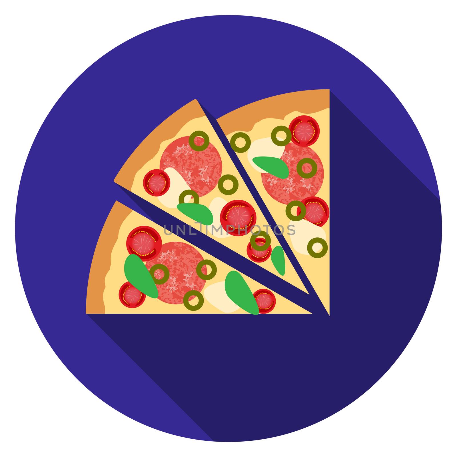 Flat design vector pizza icon with long shadow, isolated.