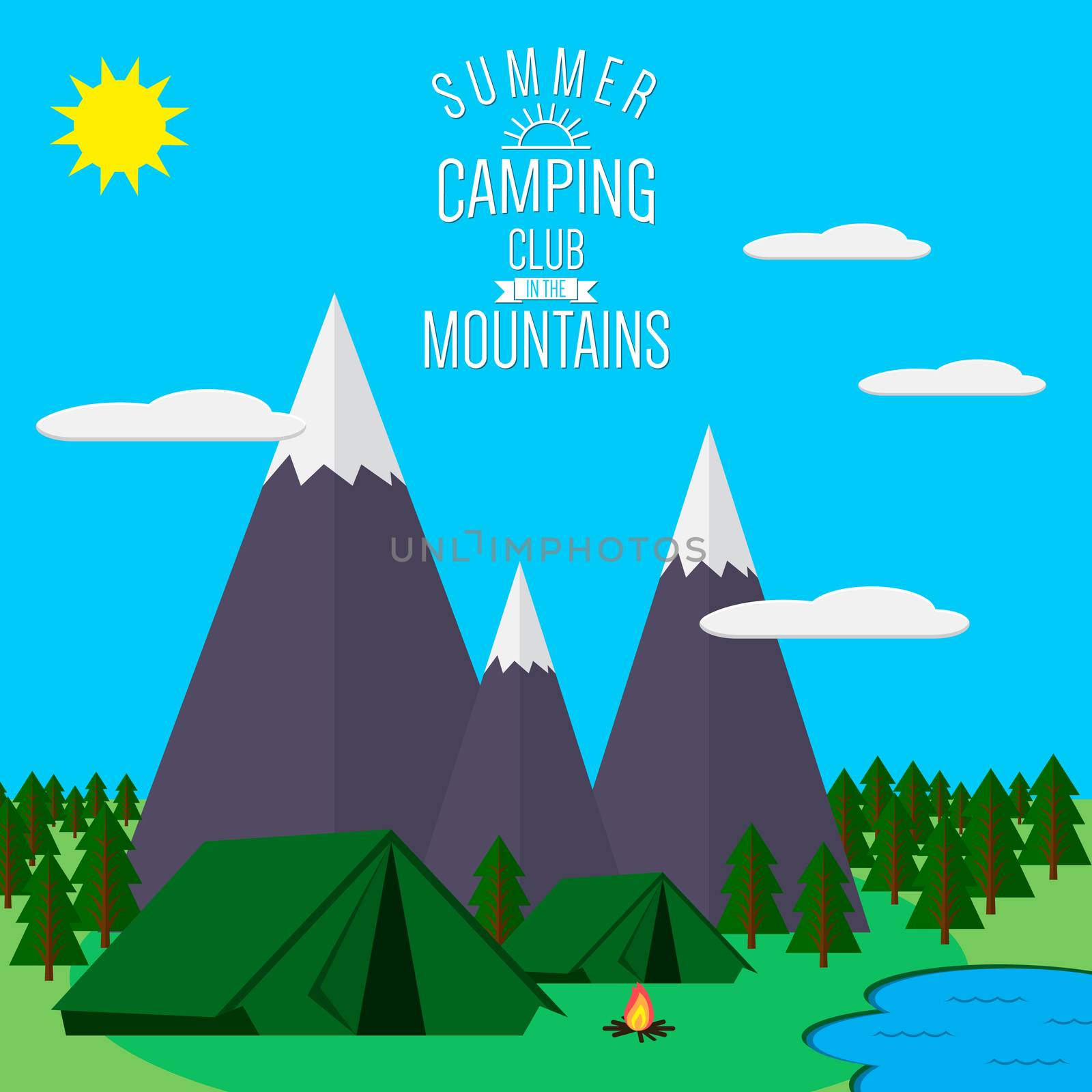 Mountains with forest and lake landscape flat vector illustration, for camping and hiking, Extreme sports, outdoor adventure, with recreation place, tents and fire by Lemon_workshop