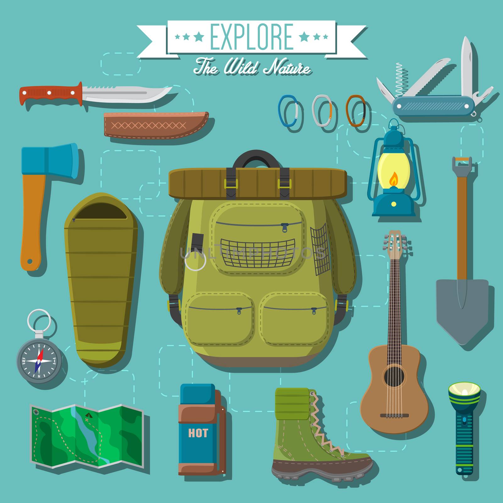 Flat design modern vector illustration of camping and hiking equipment set. Travel and vacation items, knife and axe, backpack and hiking boots, lantern and guitar, sleeping bag, map and compass.