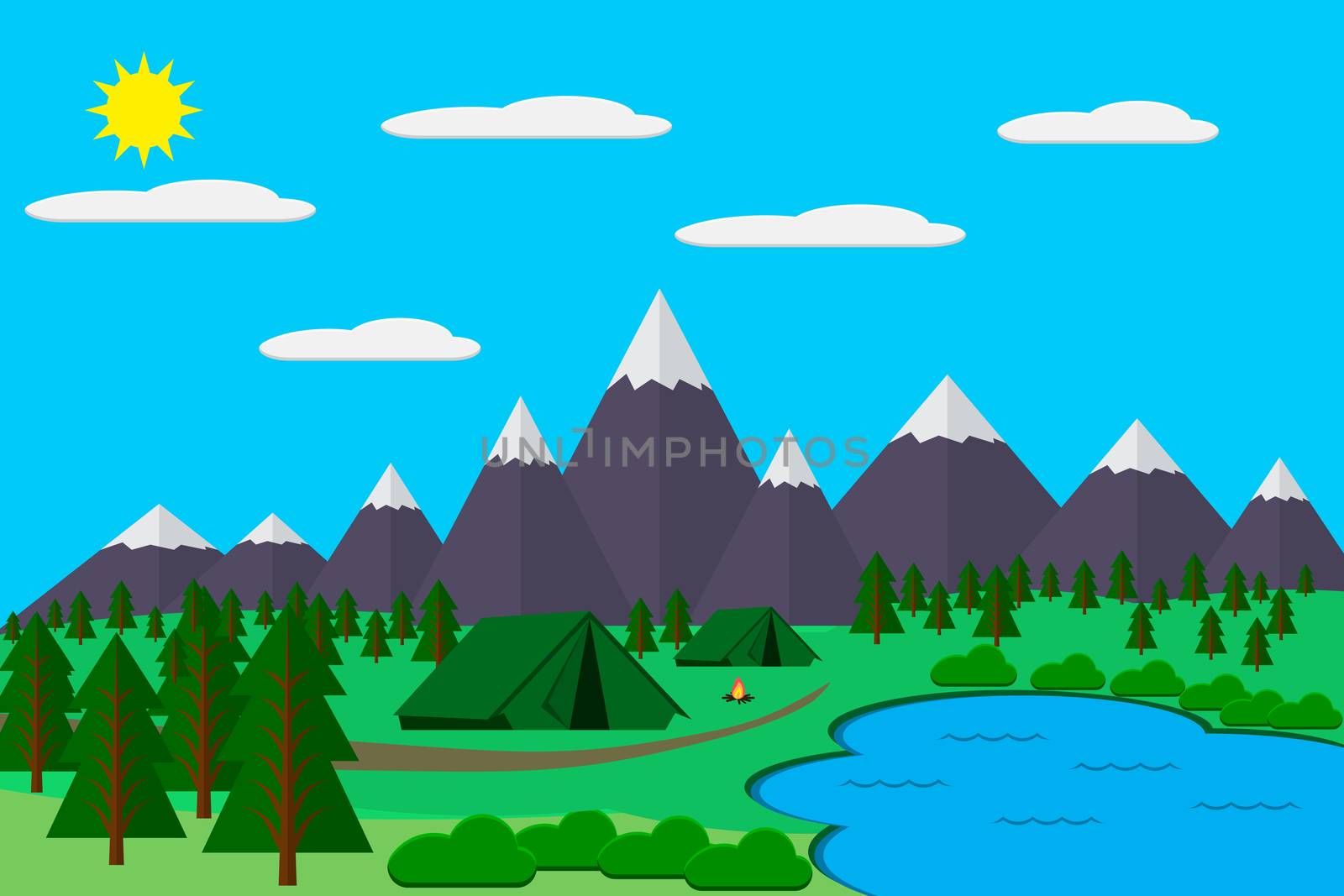 Mountains with forest and lake landscape flat vector illustration, for camping and hiking, Extreme sports, outdoor adventure, with recreation place, tents and fire.