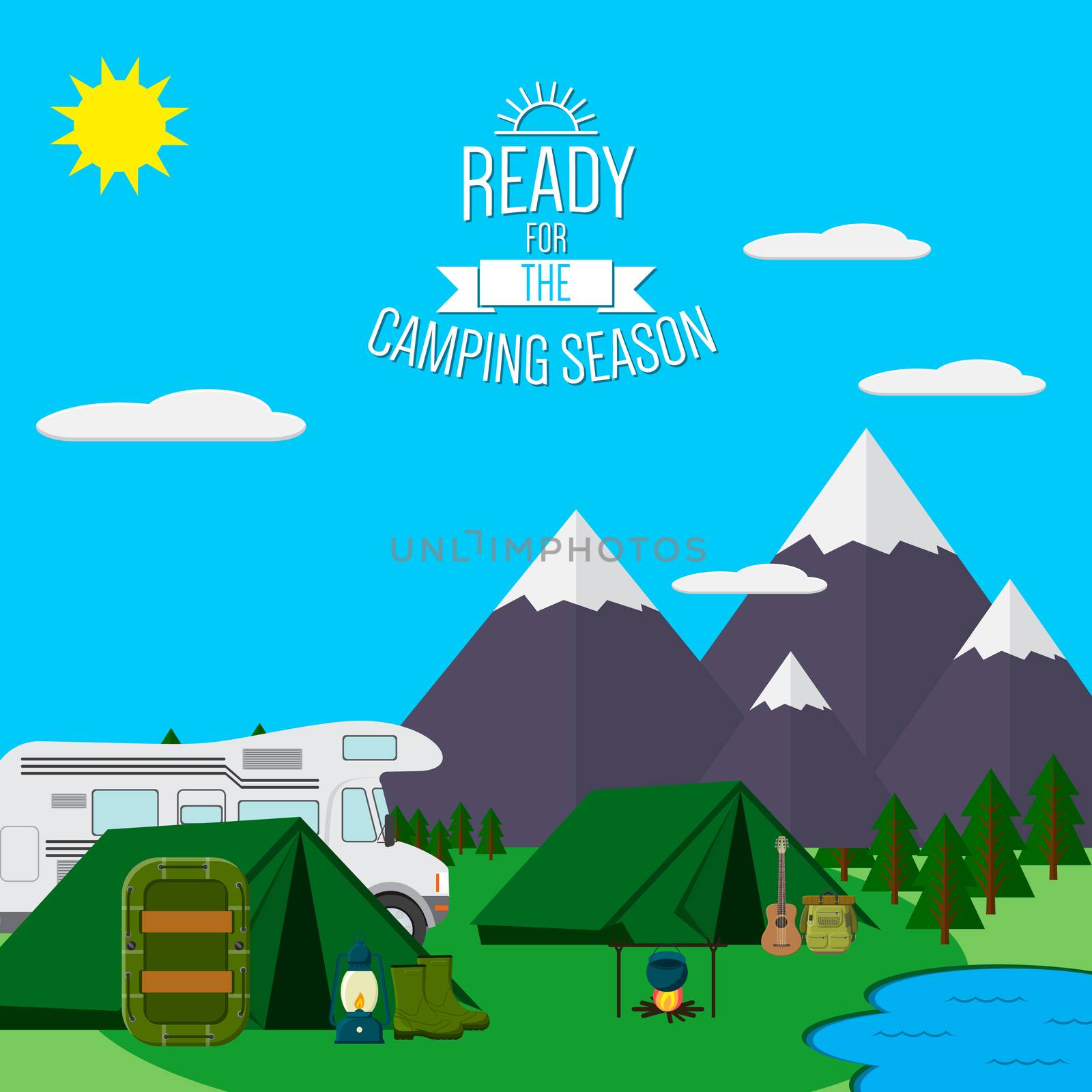 City and Mountains with forest and lake landscape flat vector illustration, concept for holiday and vacation, camping and hiking, outdoor adventure, with recreation place, tents raft and RV.