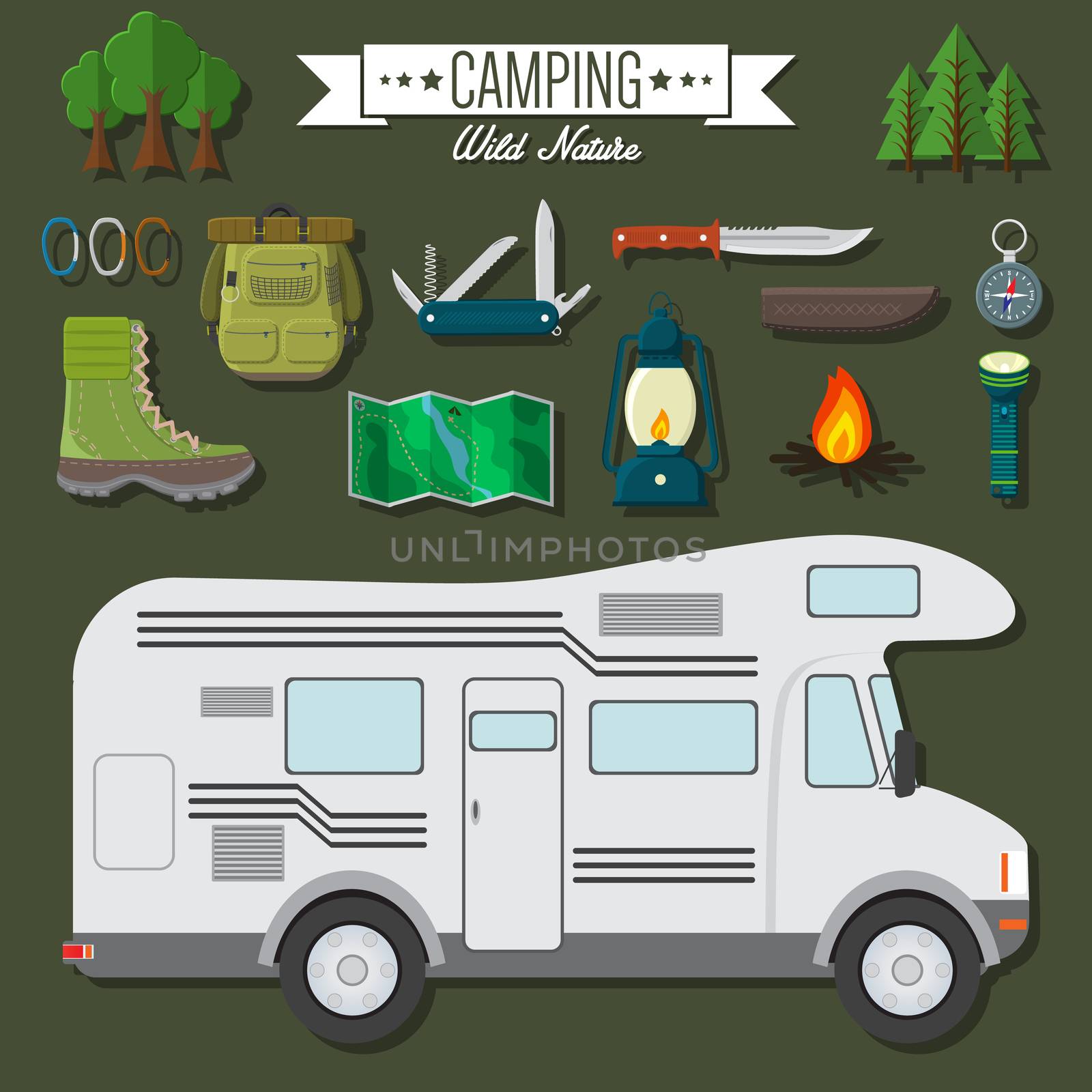 Flat design modern vector illustration of travel and vacation set. Camping and hiking equipment items, car RV, knife and backpack, hiking boots, lantern and bonfire, map and compass, trees and flashlight.