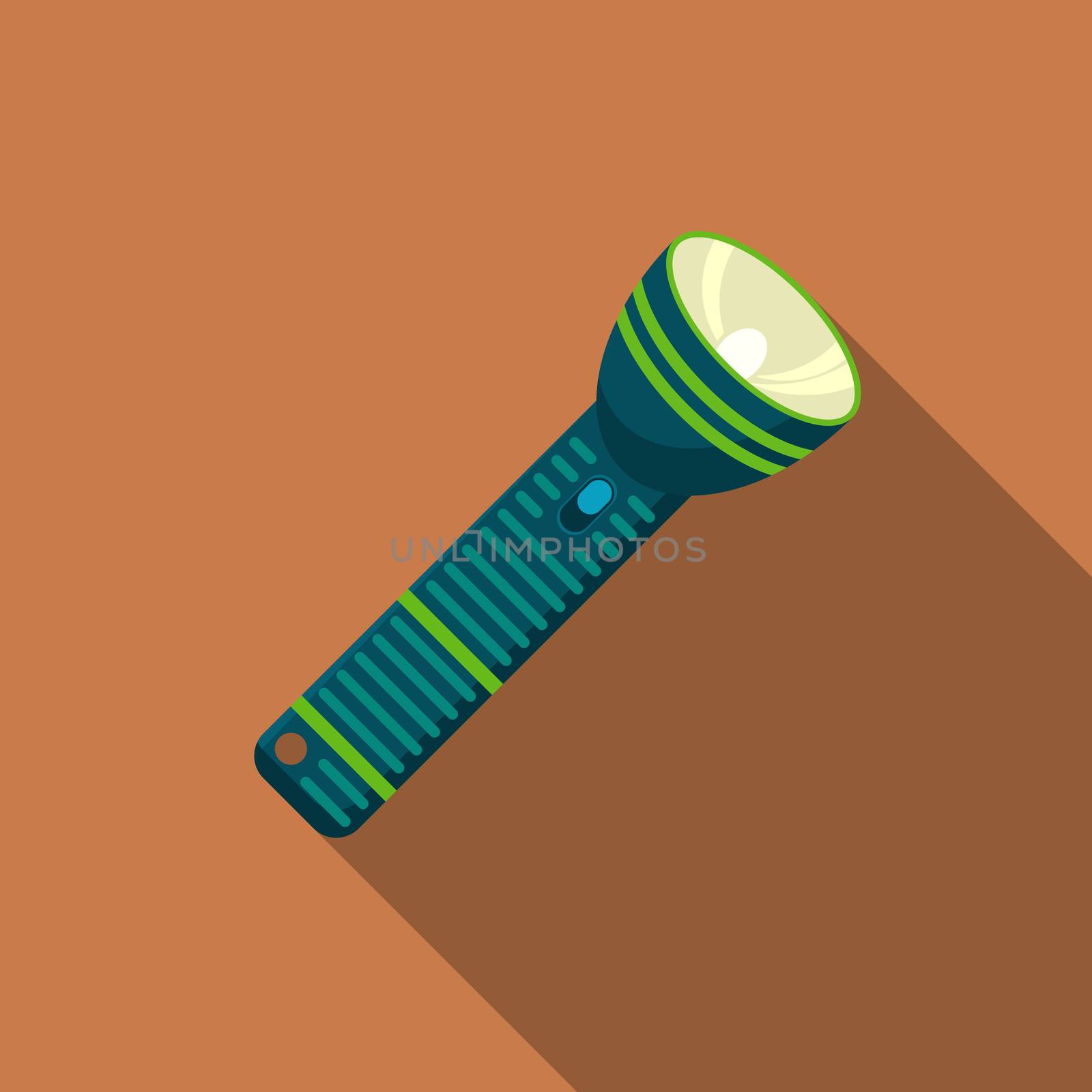 Flat design modern vector illustration of flashlight icon, camping and hiking equipment with long shadow.