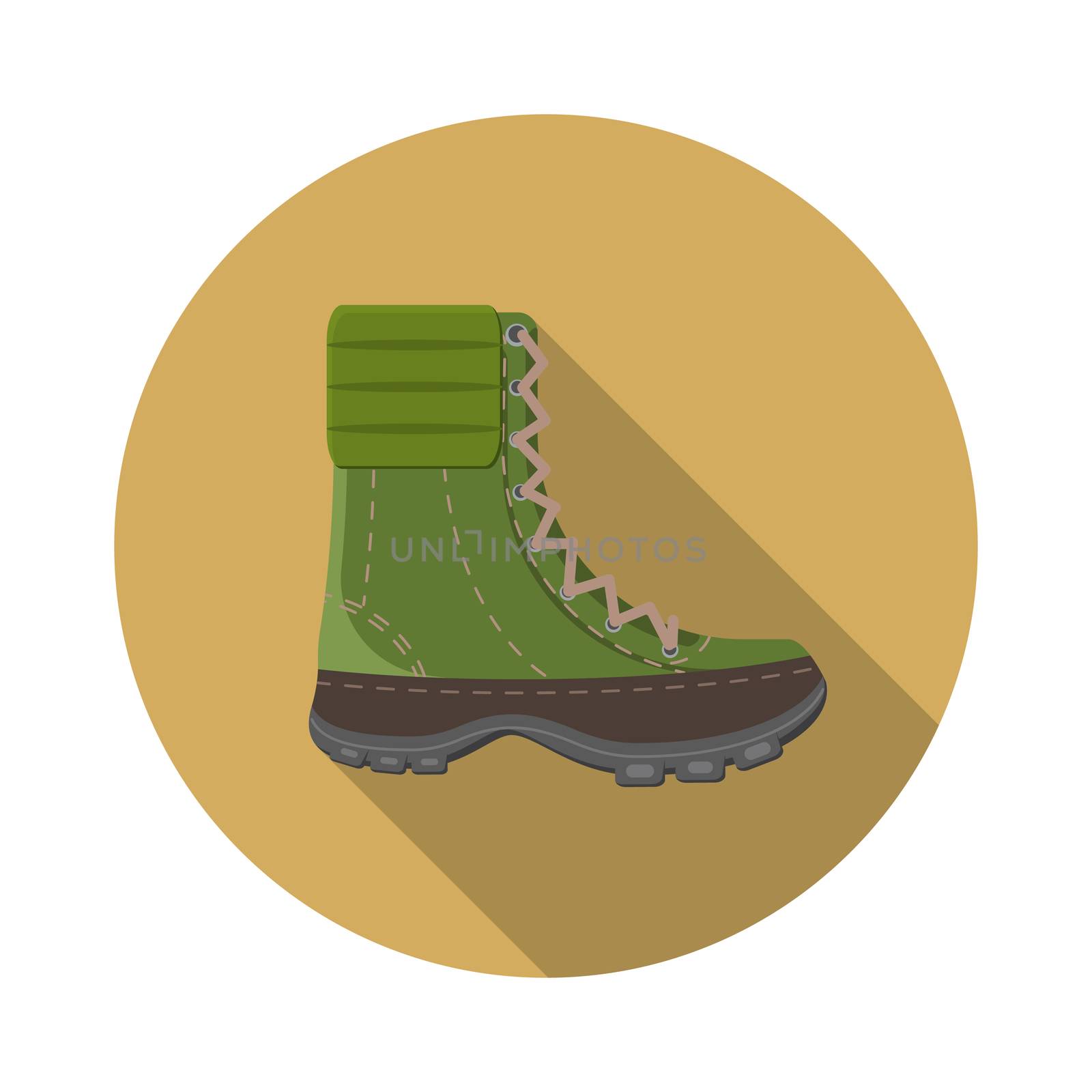 Flat design modern vector illustration of trekking boot icon, camping and hiking equipment with long shadow.