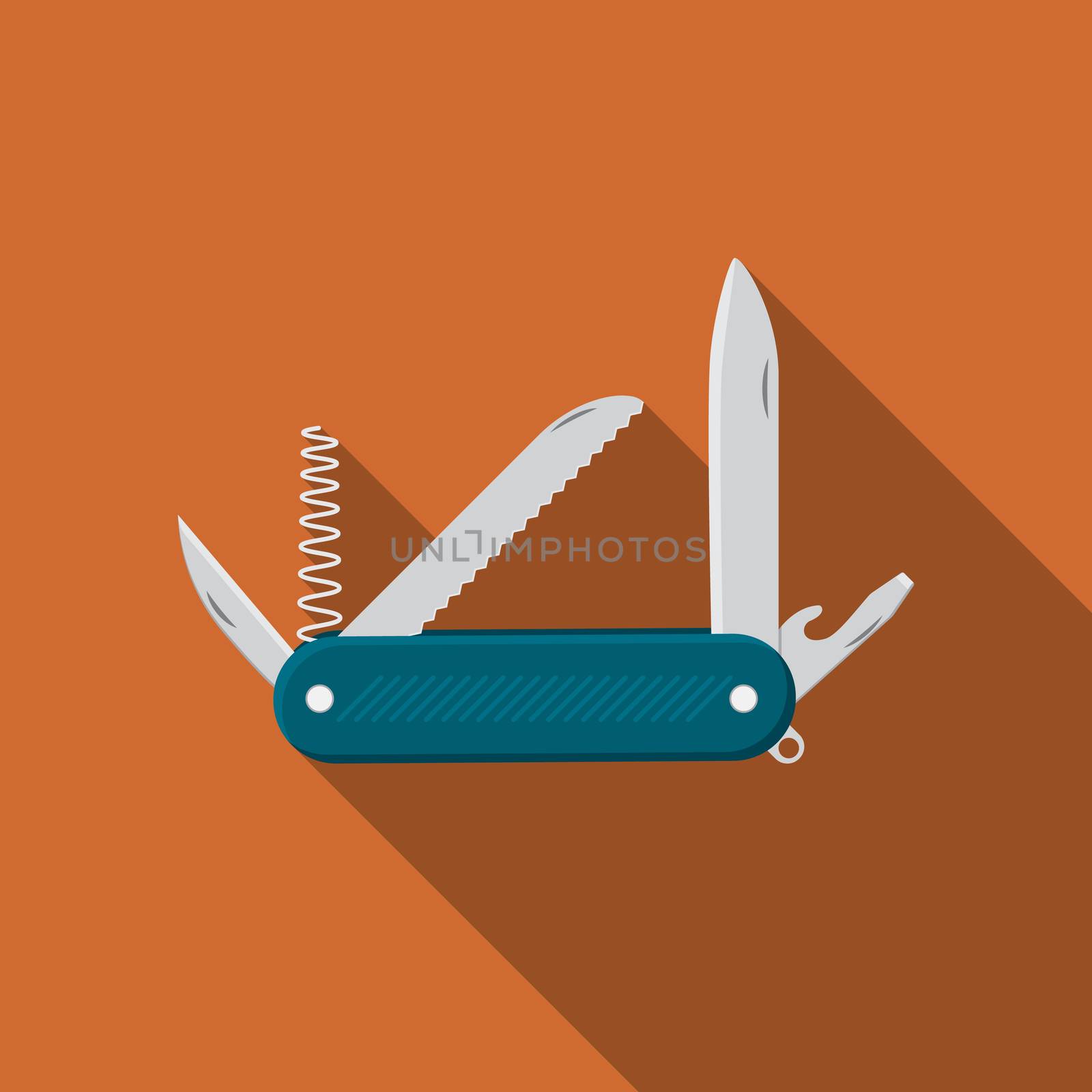 Flat design modern vector illustration of multifunctional pocket knife icon, camping and hiking equipment with long shadow by Lemon_workshop
