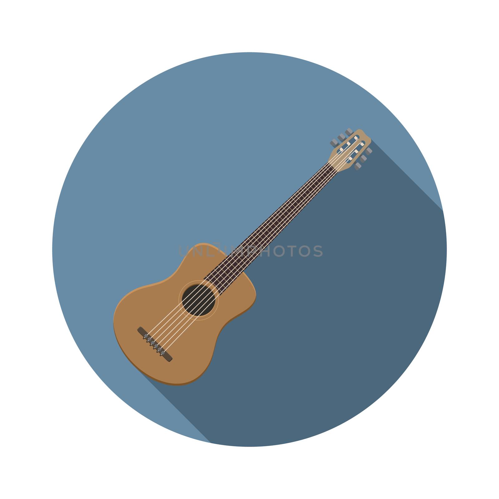 Flat design modern vector illustration of acoustic guitar icon, music instrument with long shadow.