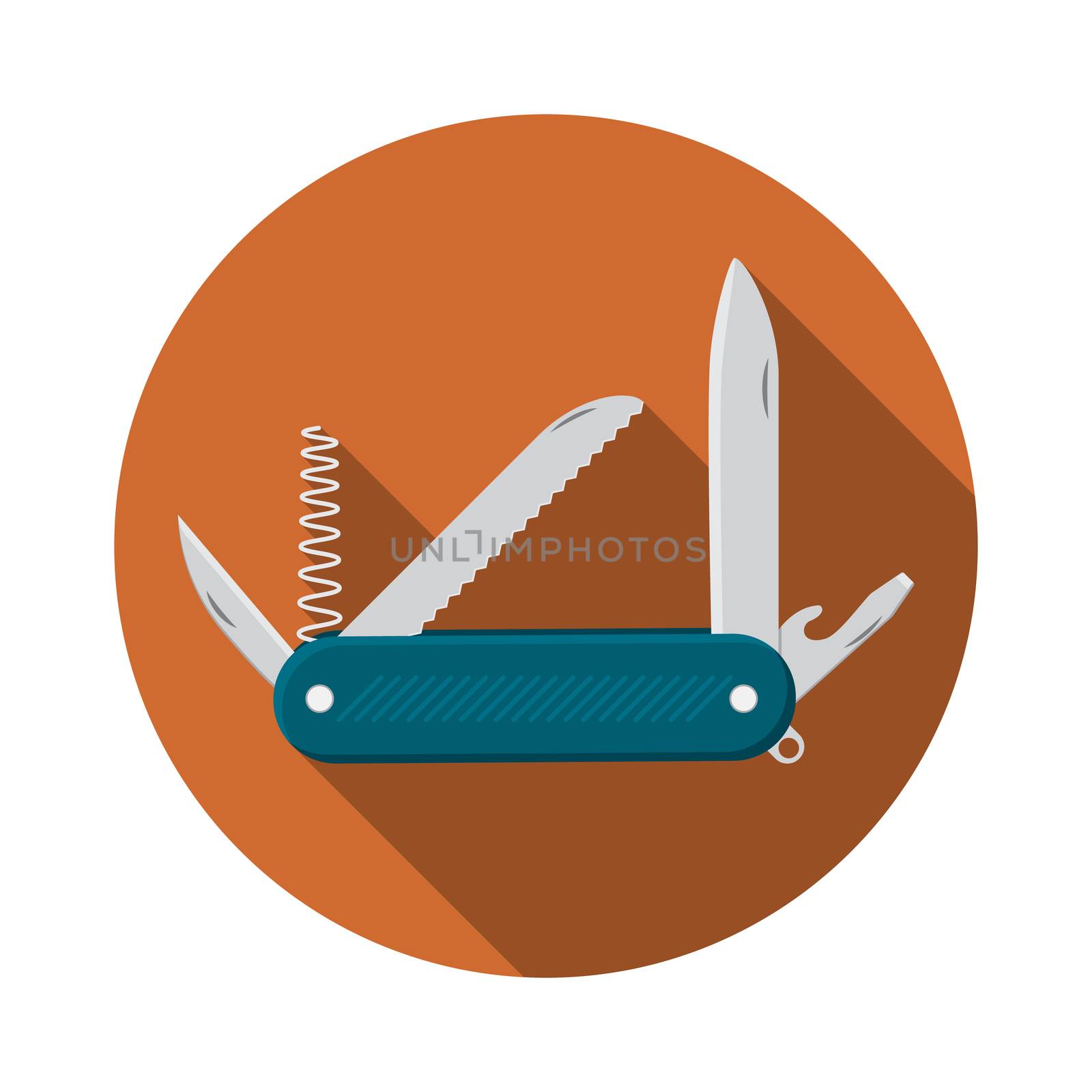 Flat design modern vector illustration of multifunctional pocket knife icon, camping and hiking equipment with long shadow.