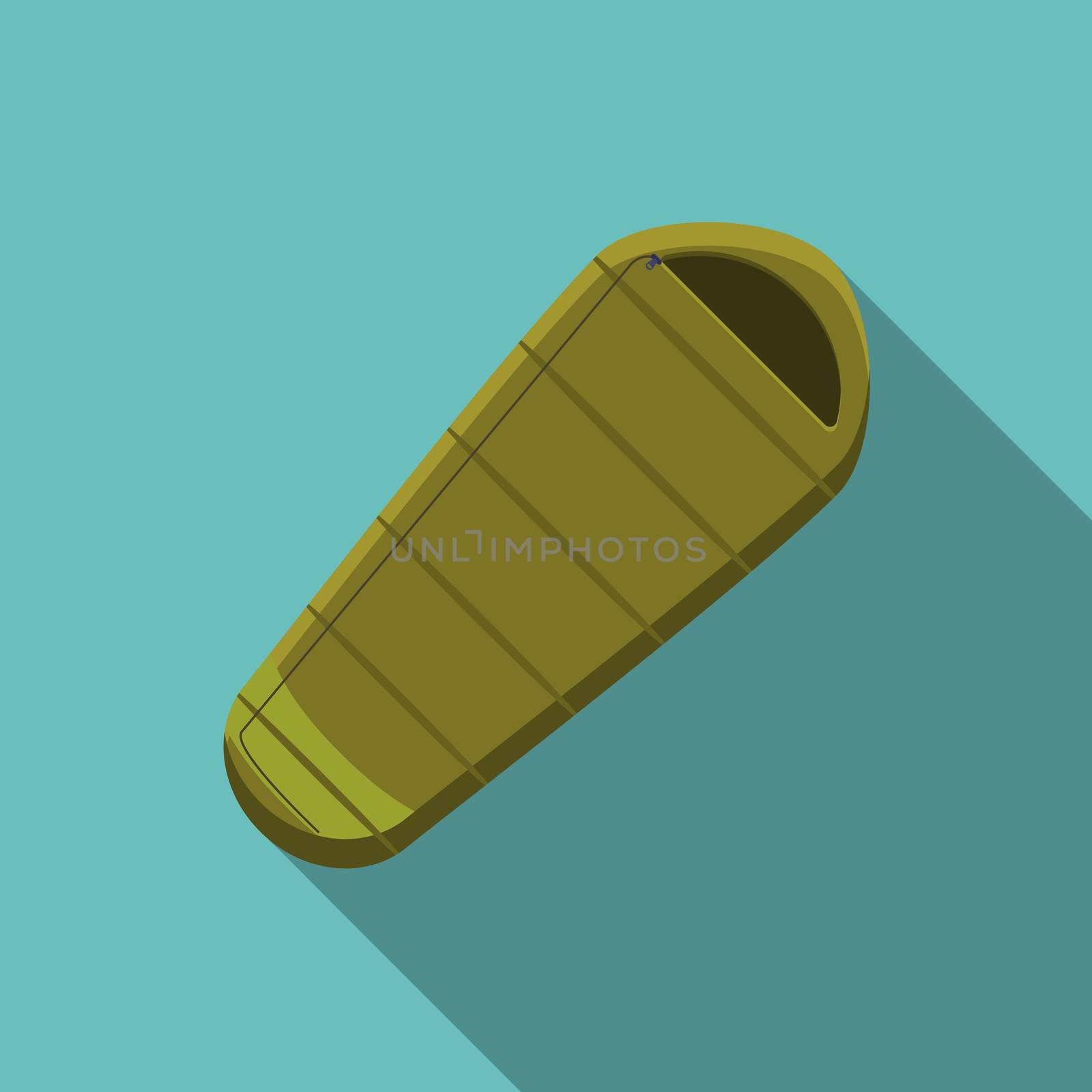 Flat design modern vector illustration of sleeping bag icon, camping and hiking equipment with long shadow.