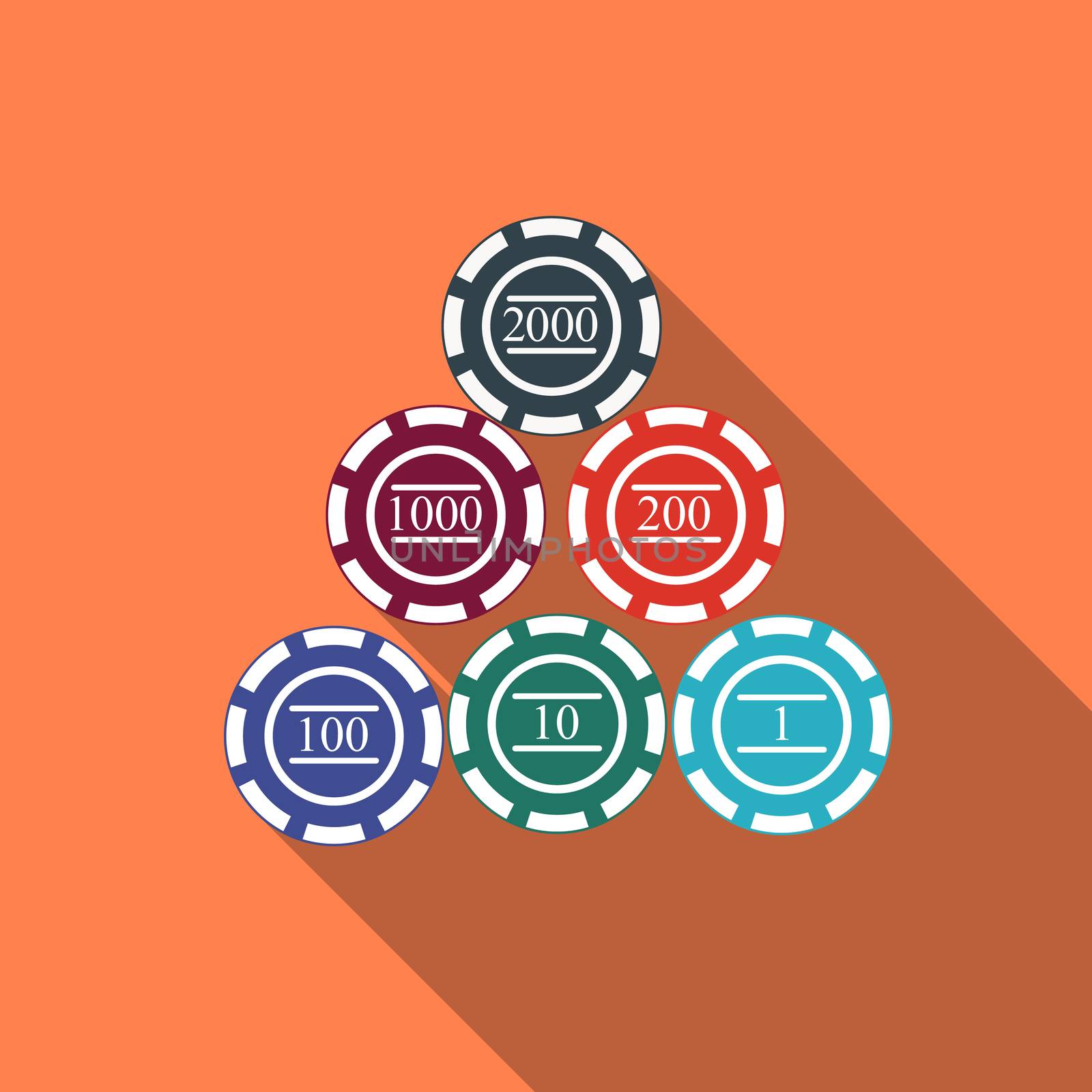 Flat design vector gambling chips icon with long shadow.