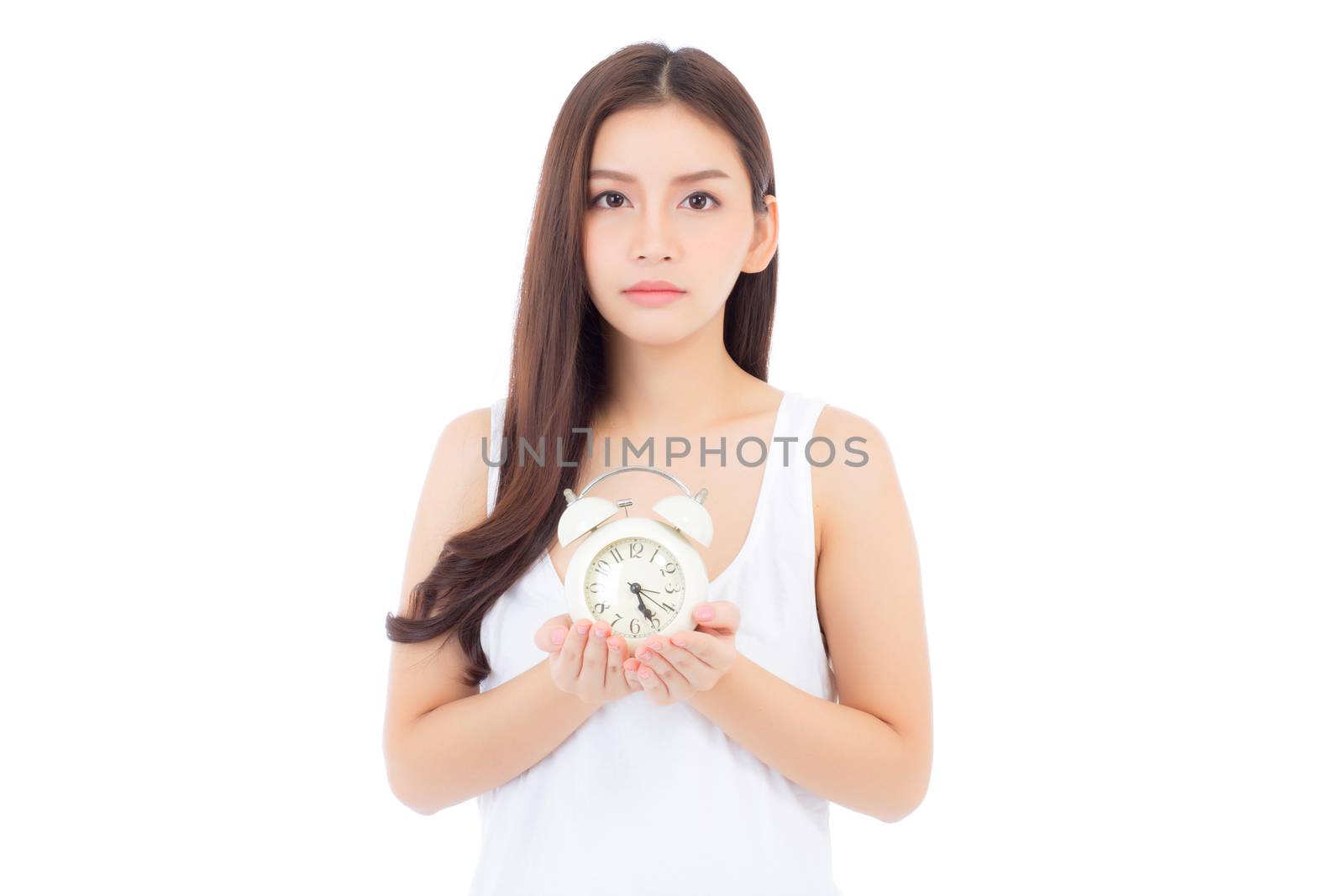 Beautiful asian young woman holding alarm clock, Portrait of woman with wake up, girl with isolated on white background, time with deadline concept.