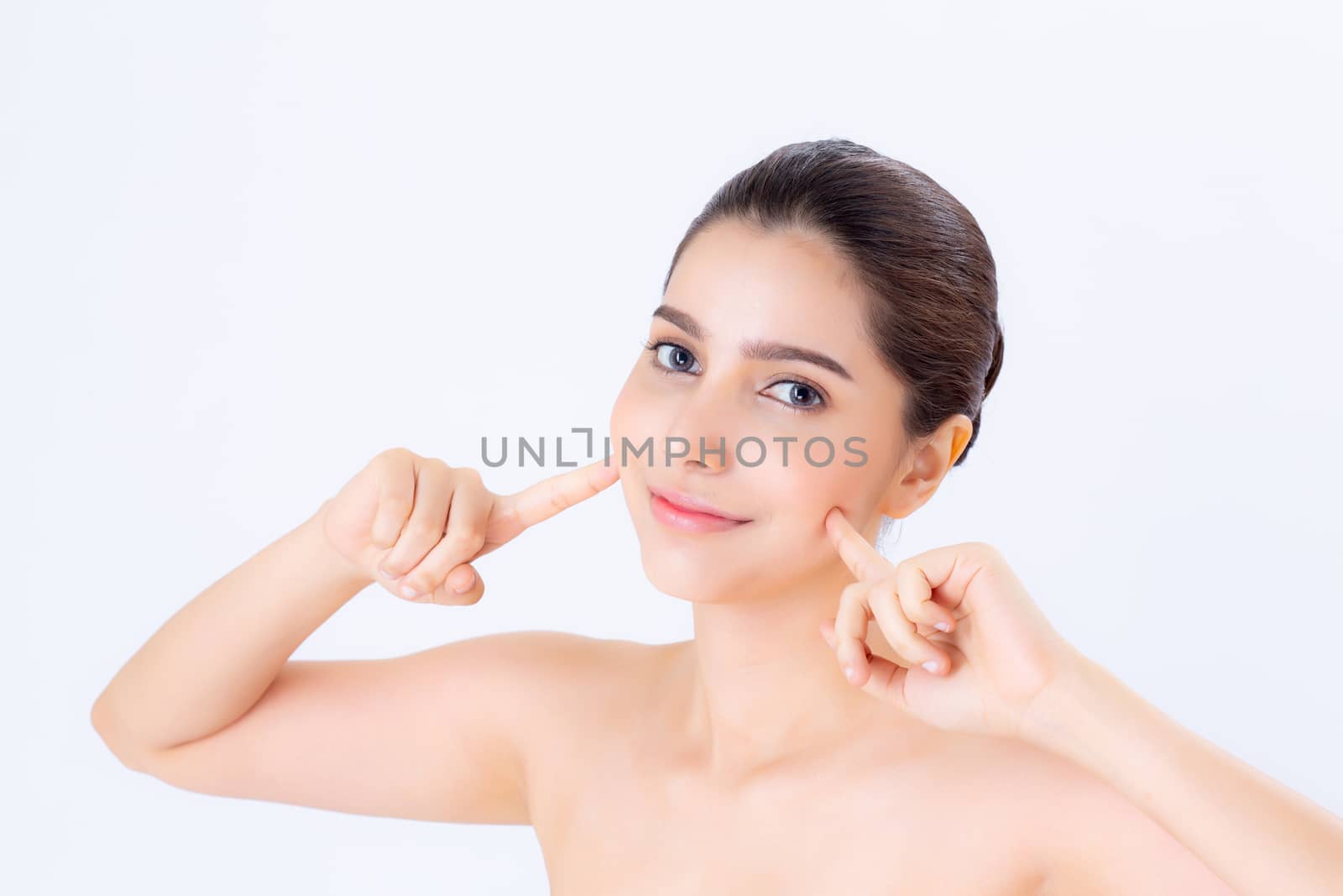 Portrait of beautiful brunette woman makeup of cosmetic, girl hand touch cheek and smile attractive, face of beauty perfect with wellness isolated on white background with skin healthcare concept.