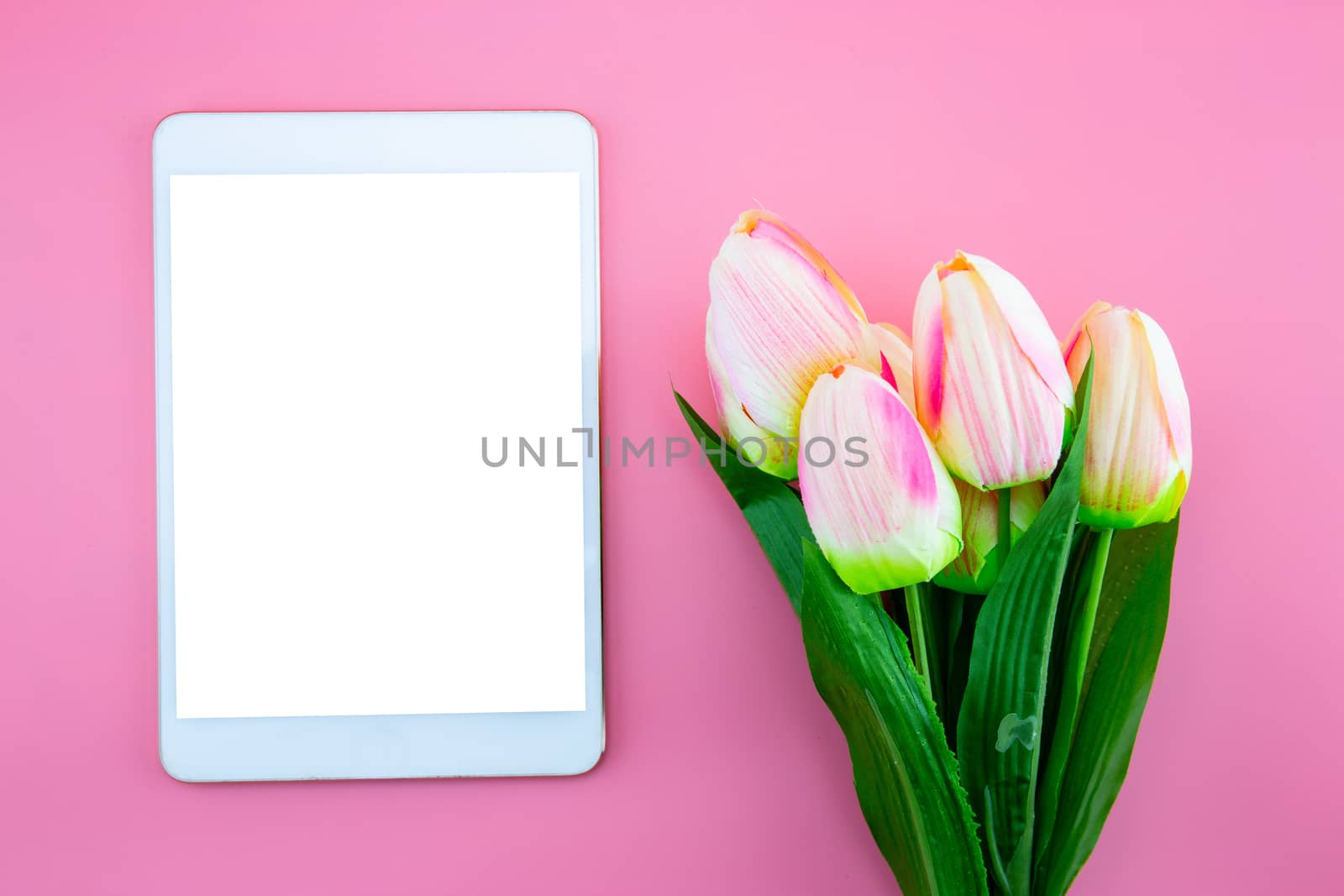 Beautiful of yellow tulip flower and tablet, with flat lay on the pink background, top view, copy space, mother day and holiday concept.