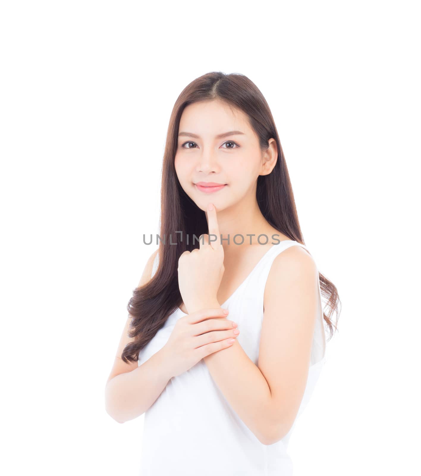 Portrait of beautiful asian woman makeup of cosmetic, girl hand touch mouth and smile attractive, lips beauty perfect with wellness isolated on white background with healthcare concept.