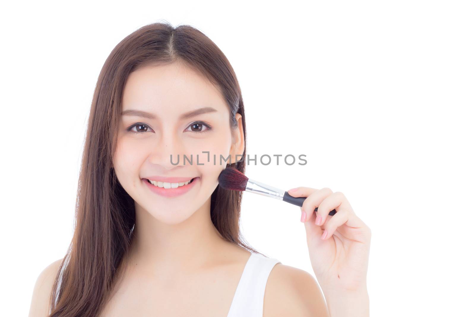 Beauty asian woman applying make up with brush of cheek isolated on white background, beautiful of girl holding blusher, skincare and cosmetic concept.