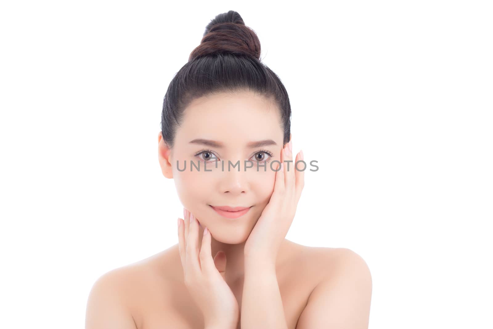 Portrait of beautiful woman makeup of cosmetic, girl hand touch cheek and smile attractive, face of beauty perfect with wellness isolated on white background with skin healthcare concept.