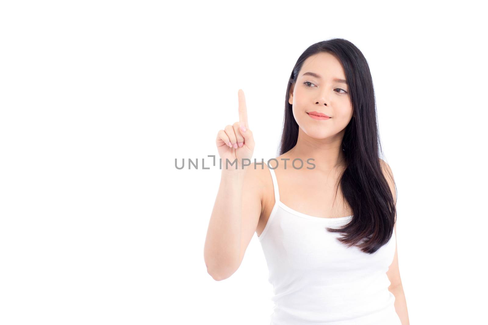 Portrait of beautiful asian woman makeup of cosmetic, beauty of girl with face smile and finger point something attractive isolated on white background, perfect with wellness and healthcare concept.