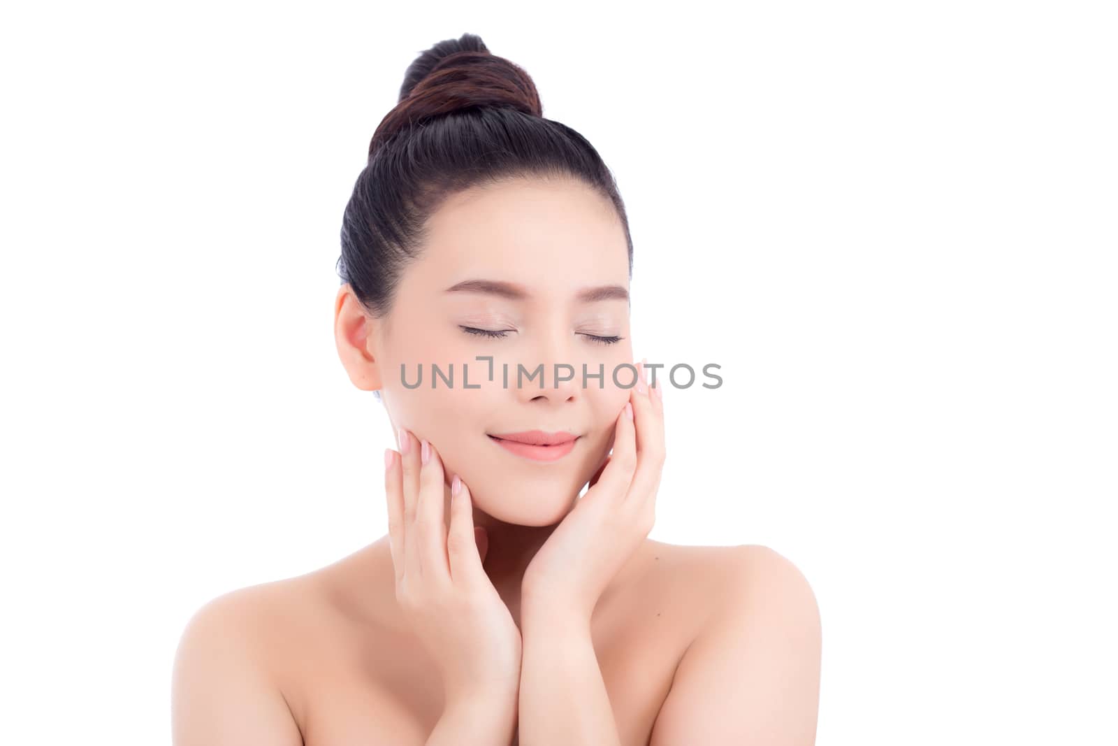 Portrait of beautiful woman makeup of cosmetic, girl hand touch cheek and smile attractive, face of beauty perfect with wellness isolated on white background with skin healthcare concept.