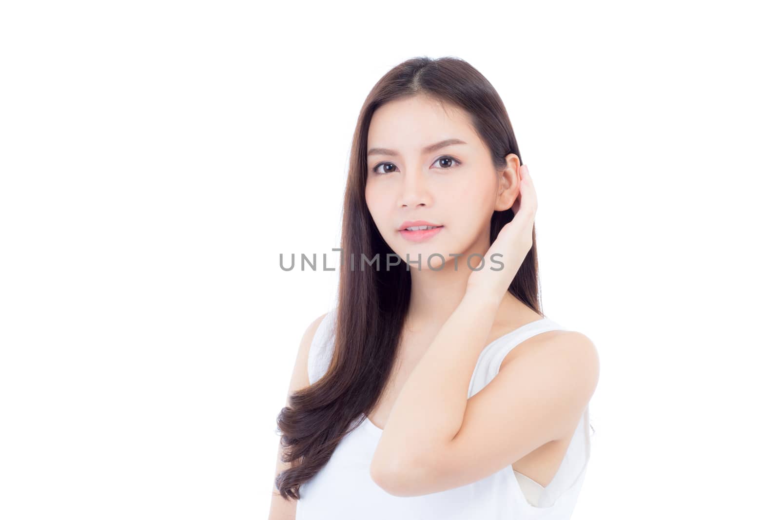 Portrait of beautiful asian woman makeup of cosmetic, beauty of girl with face smile attractive isolated on white background, perfect with wellness and healthcare concept.