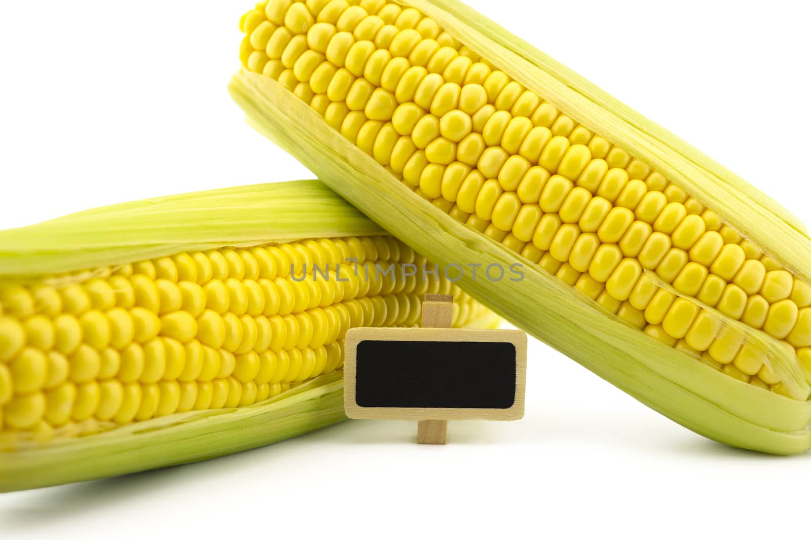 Fresh sweetcorn cobs and small signboard isolated on white background