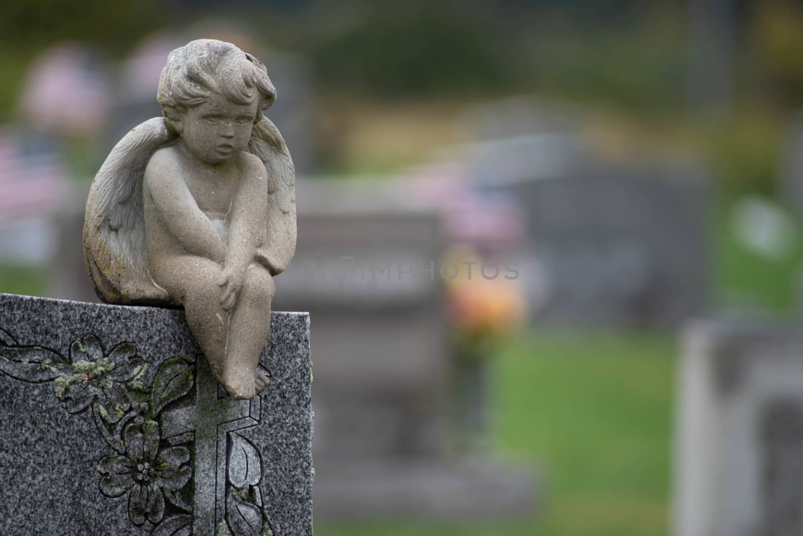 Sad stone angel sits atop a cemetery tombstone by marysalen