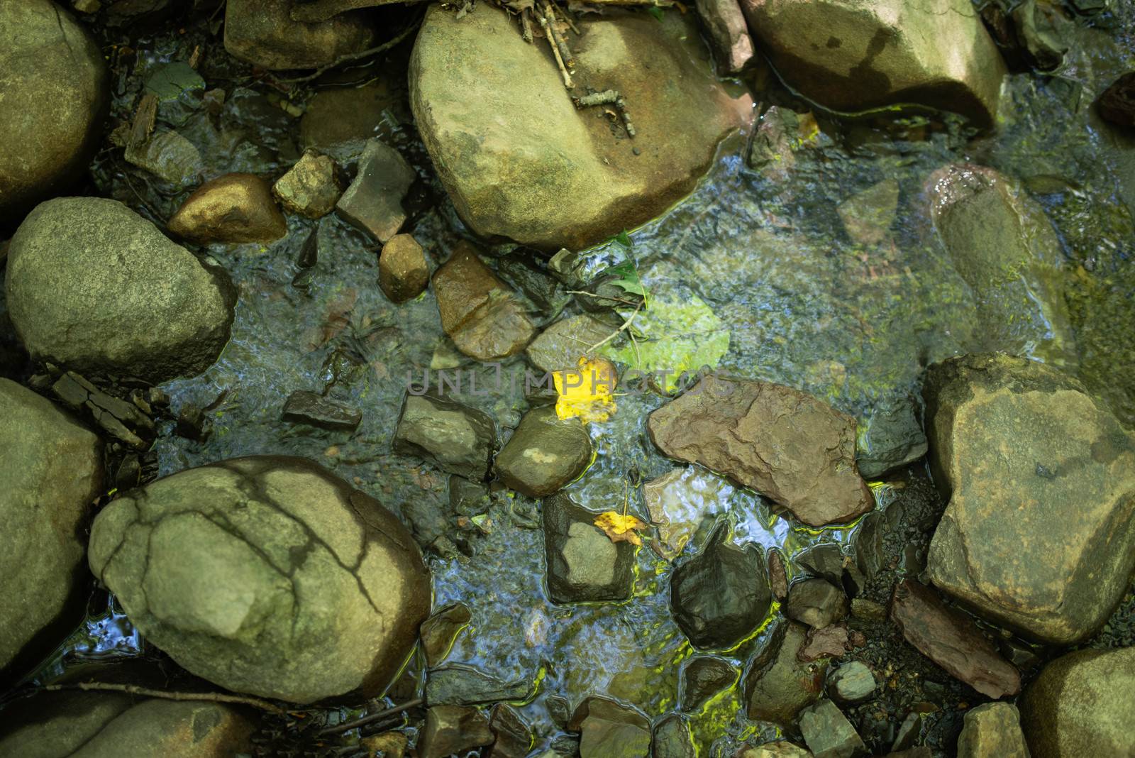 solitary yellow leaf in flowing woodland stream dotted with stones. Blue sky and green foliage reflected in water. Calm and relaxing solitude concept.
