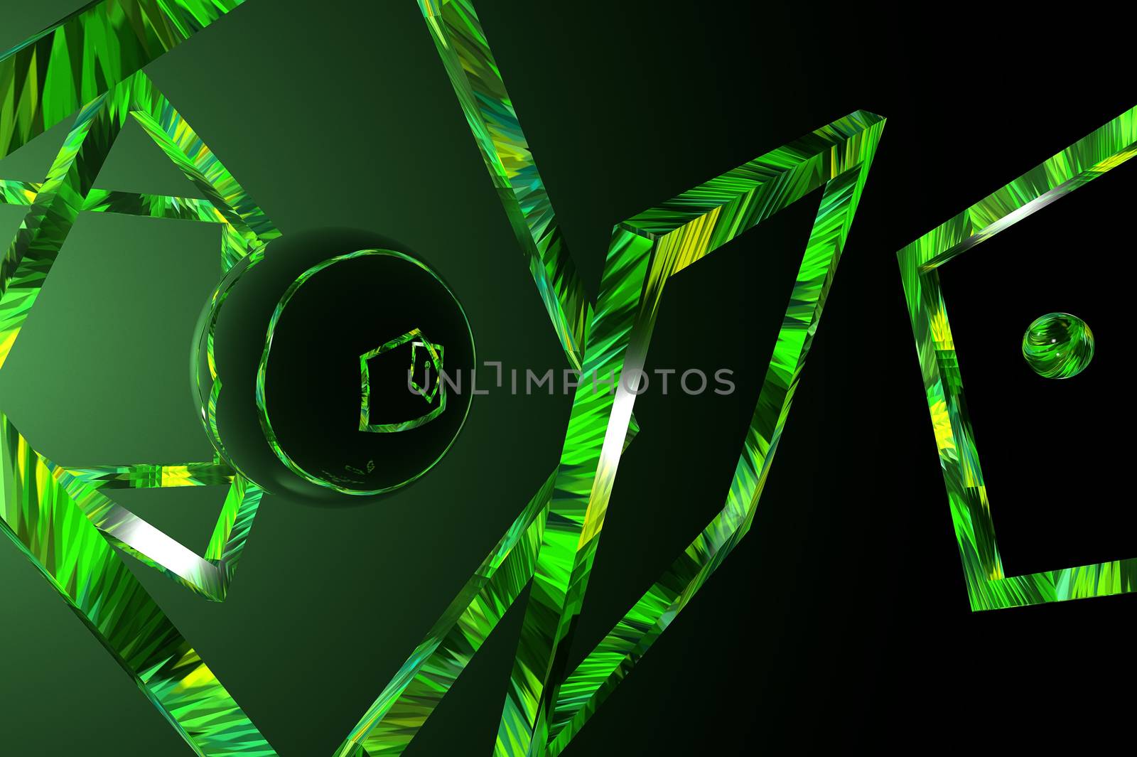 3D abstraction with chaotically arranged frames and spheres in green light and black space