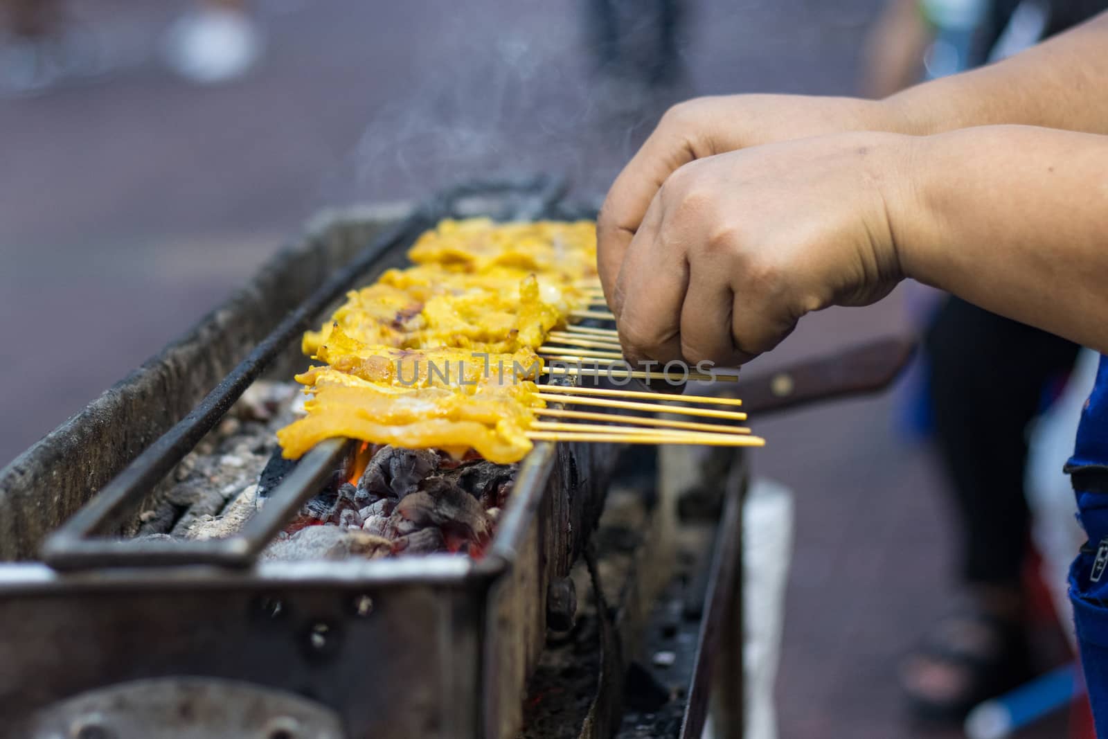 Pork Satay roast on the stove heat thai street food Bangkok Thailand
