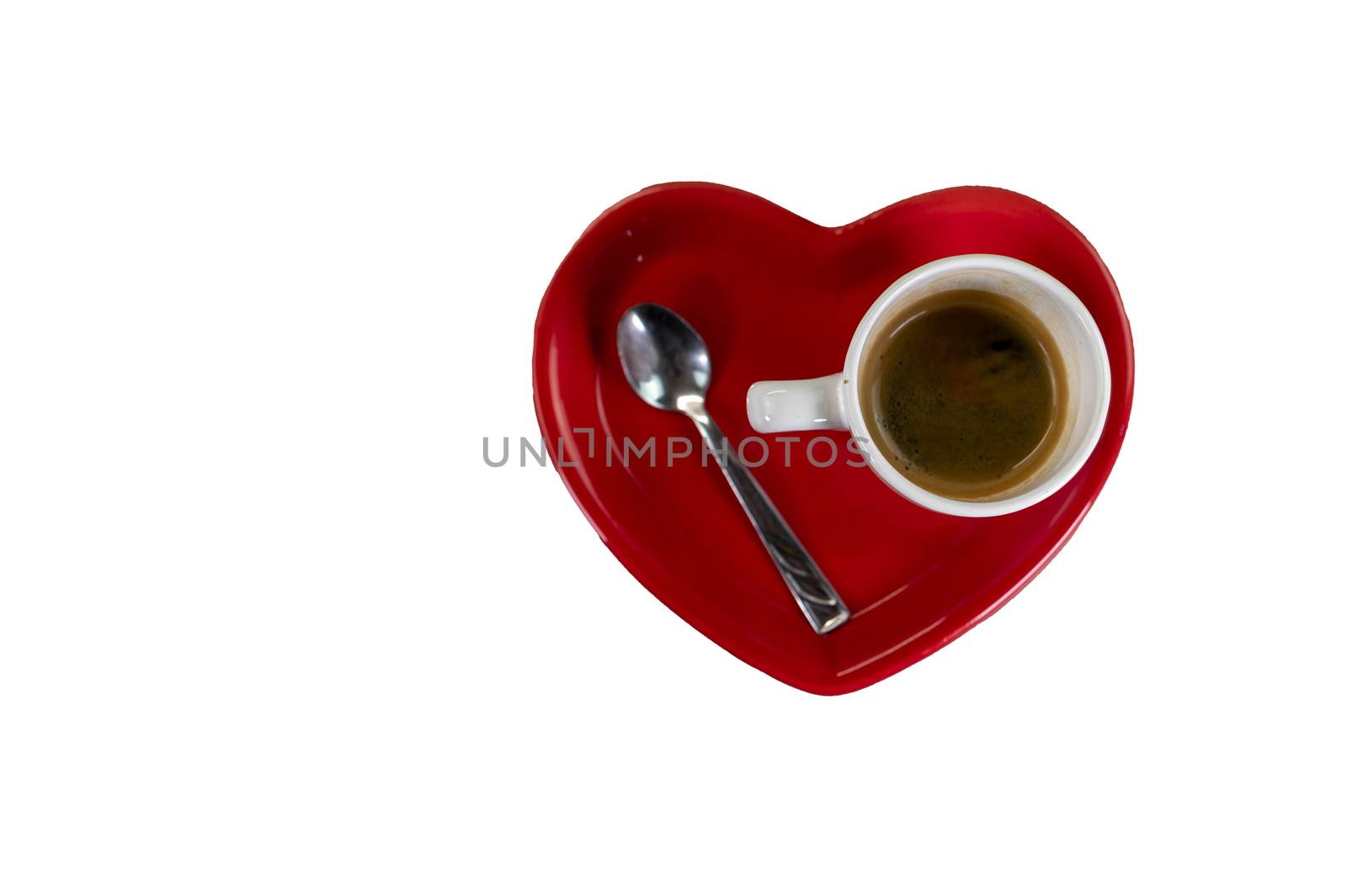 composition of cups with coffee and red saucer on a white background
