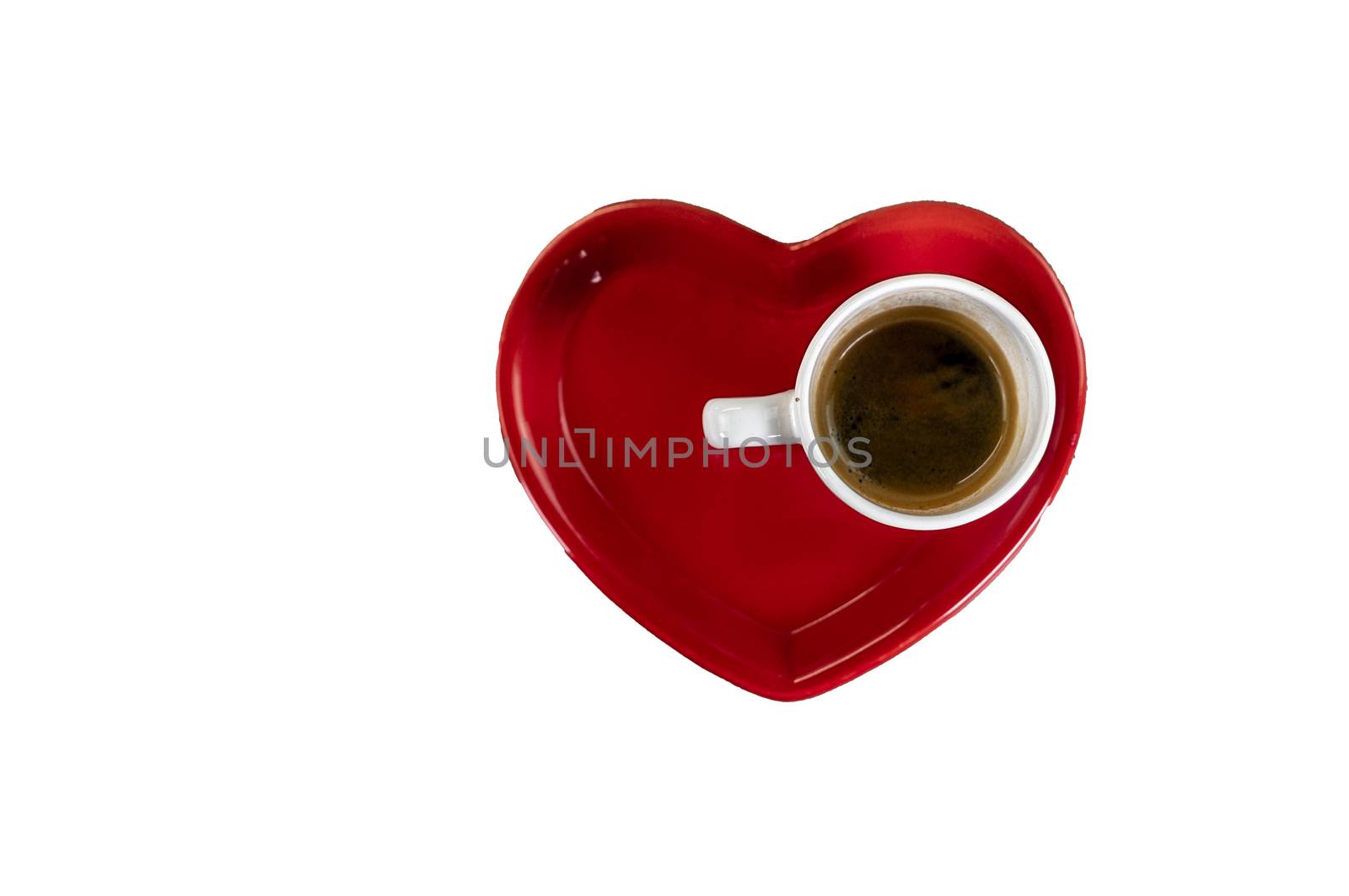 composition of cups with coffee and red saucer on a white background