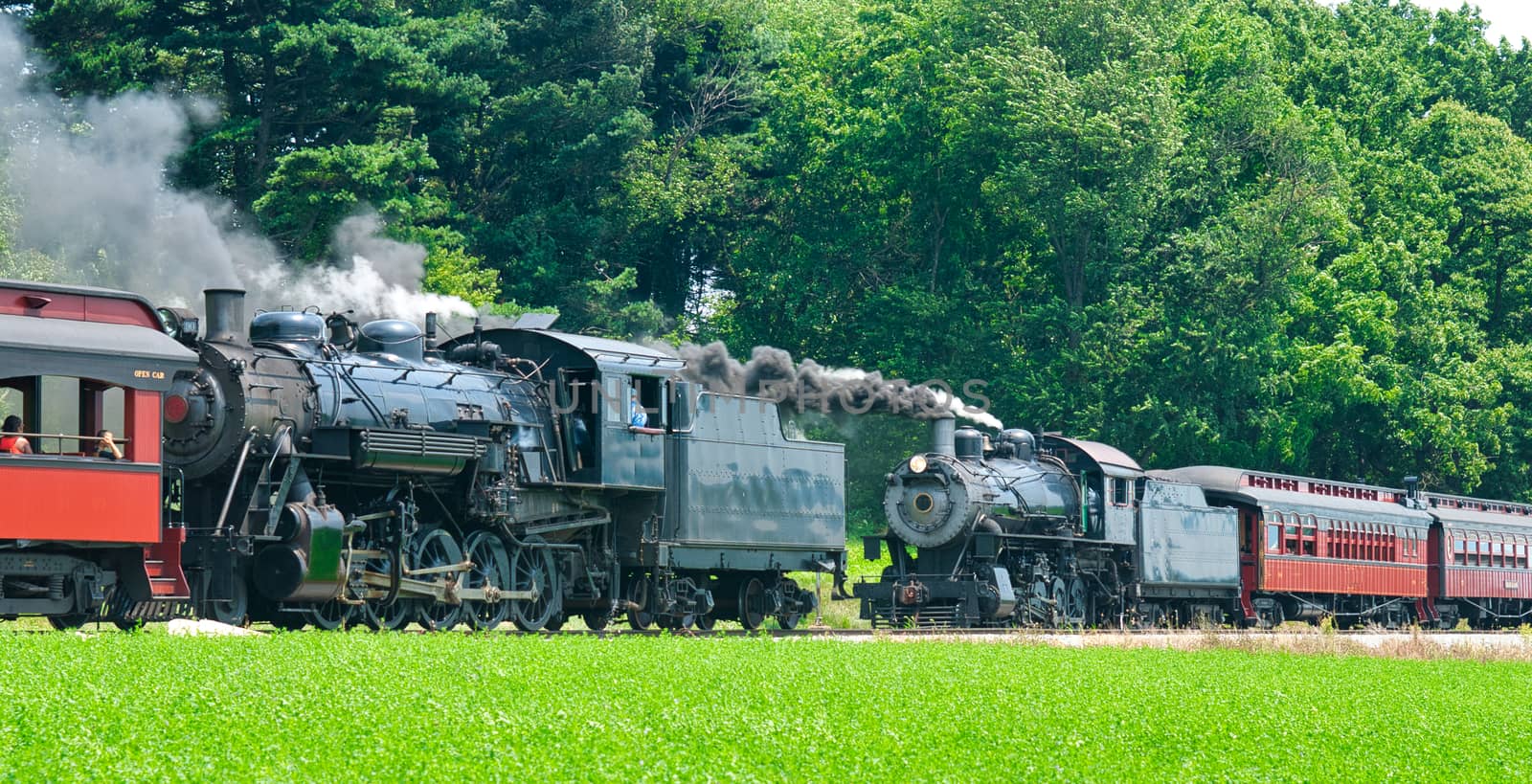 2 Antique Steam Passenger Train Puffing Lots of Black Smoke along Amish Countryside with Green Fields