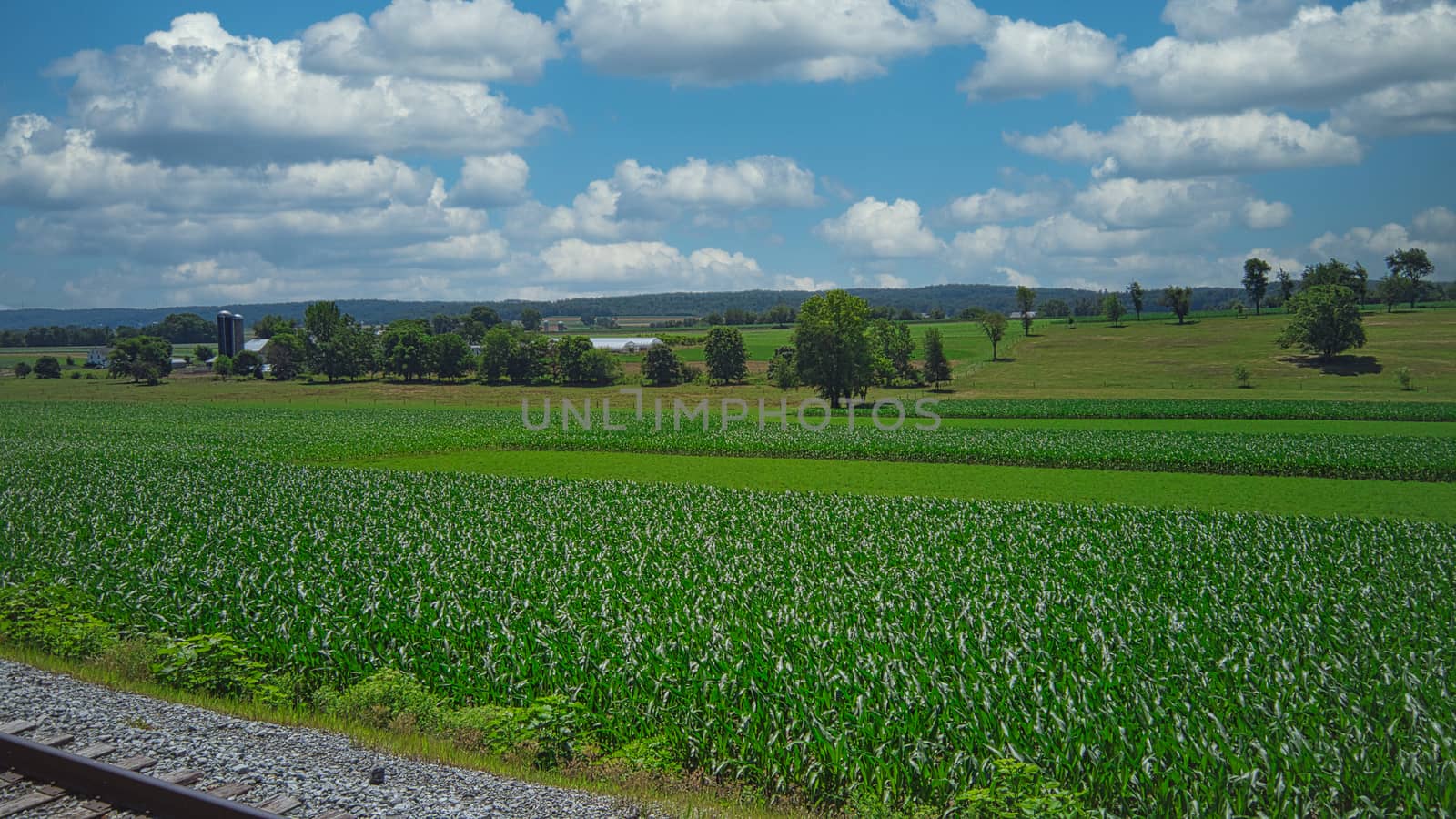 Steam Passenger Train Traveling Thru Countryside from Train Passenger View