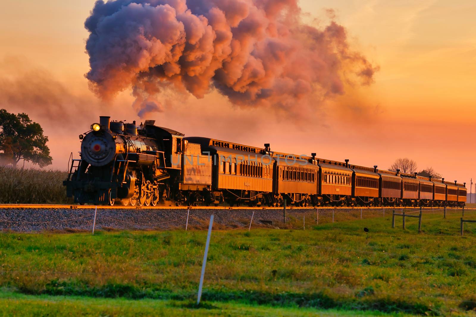 View of Golden Steam Passenger Train at Sunrise Traveling Thru Amish Countryside with lots of Smoke and Steam