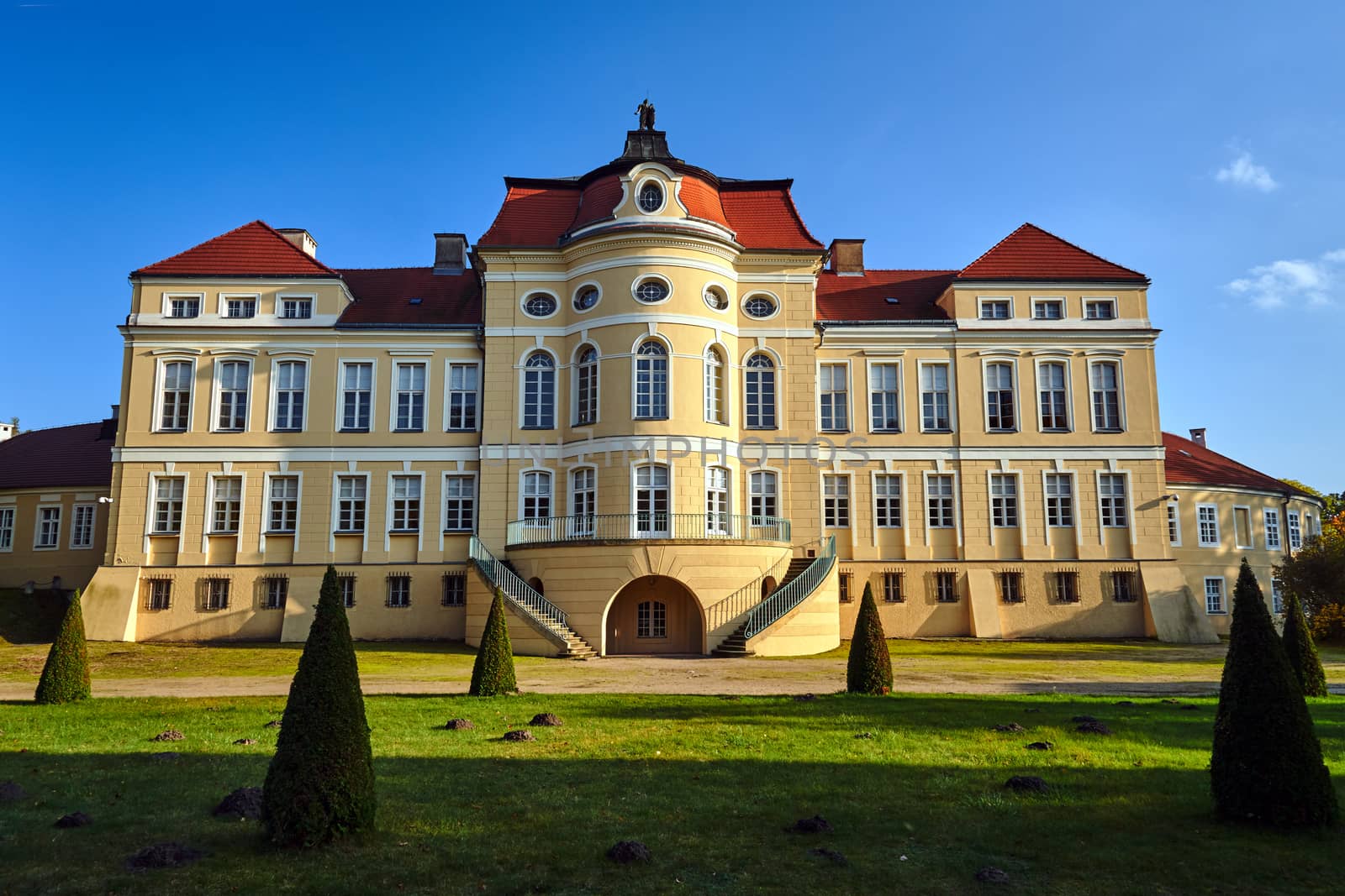 facade of the baroque palace and garden during autumn in Rogalin